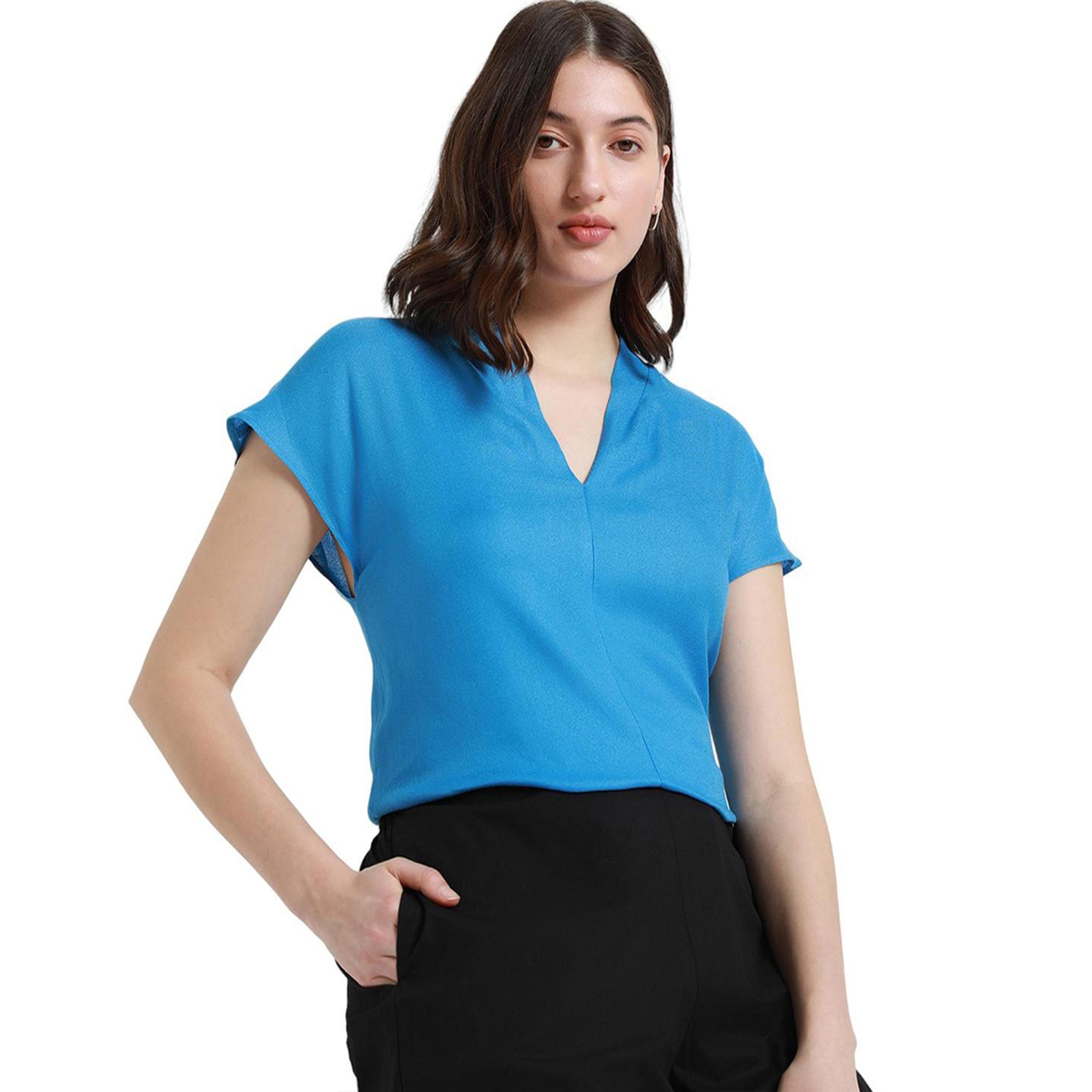 دينيس لينغو × ستايلي-  بلوزة كاجوال سادة بأكمام قصيرة ورقبة قصّة V-women-clothing-shirtsandblouses-blouses-image-5