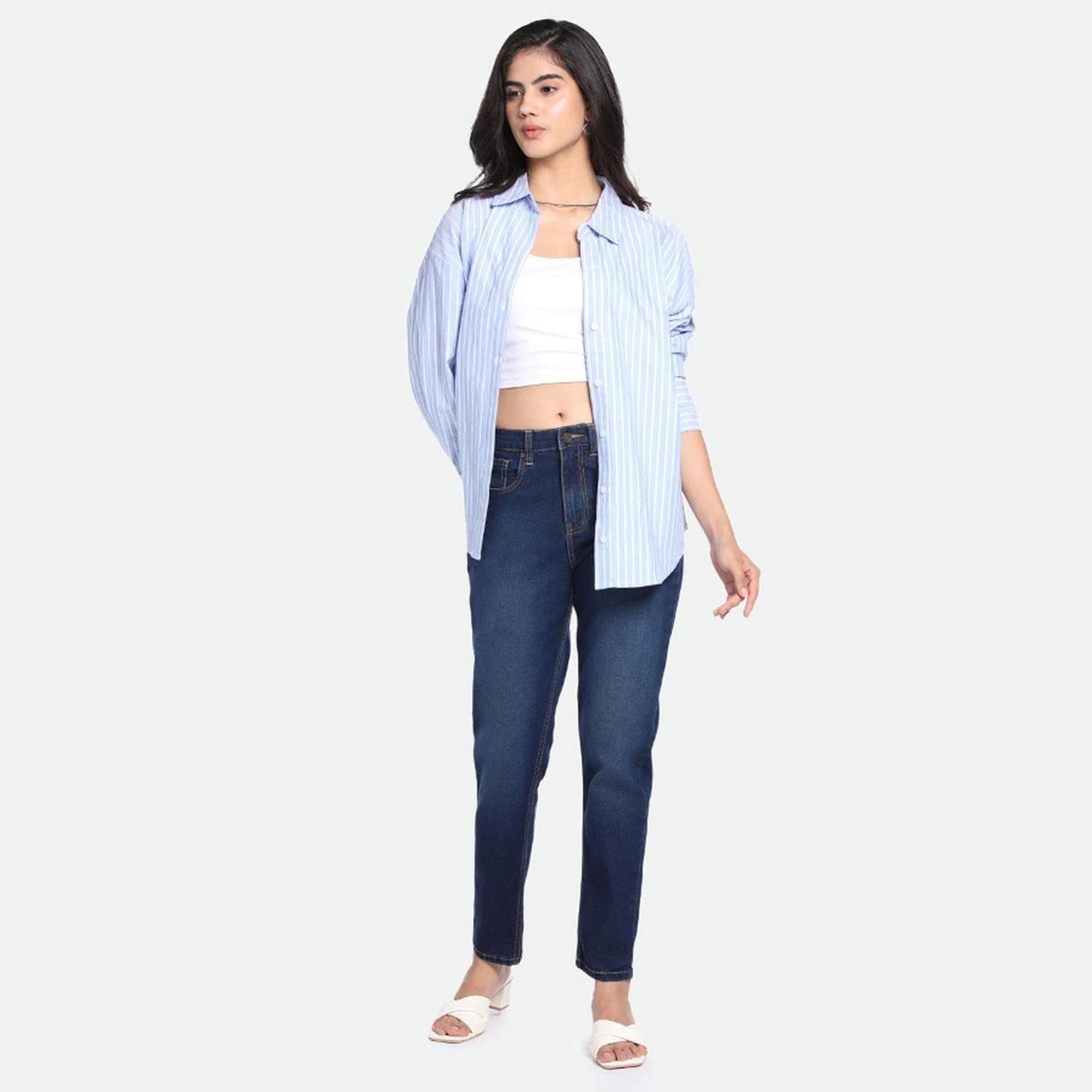 دينيس لينغو× ستايلي-  بنطال جينز للنساء بخصر مرتفع ونمط باهت قابل للتمدد-women-clothing-bottoms-jeans-image-1
