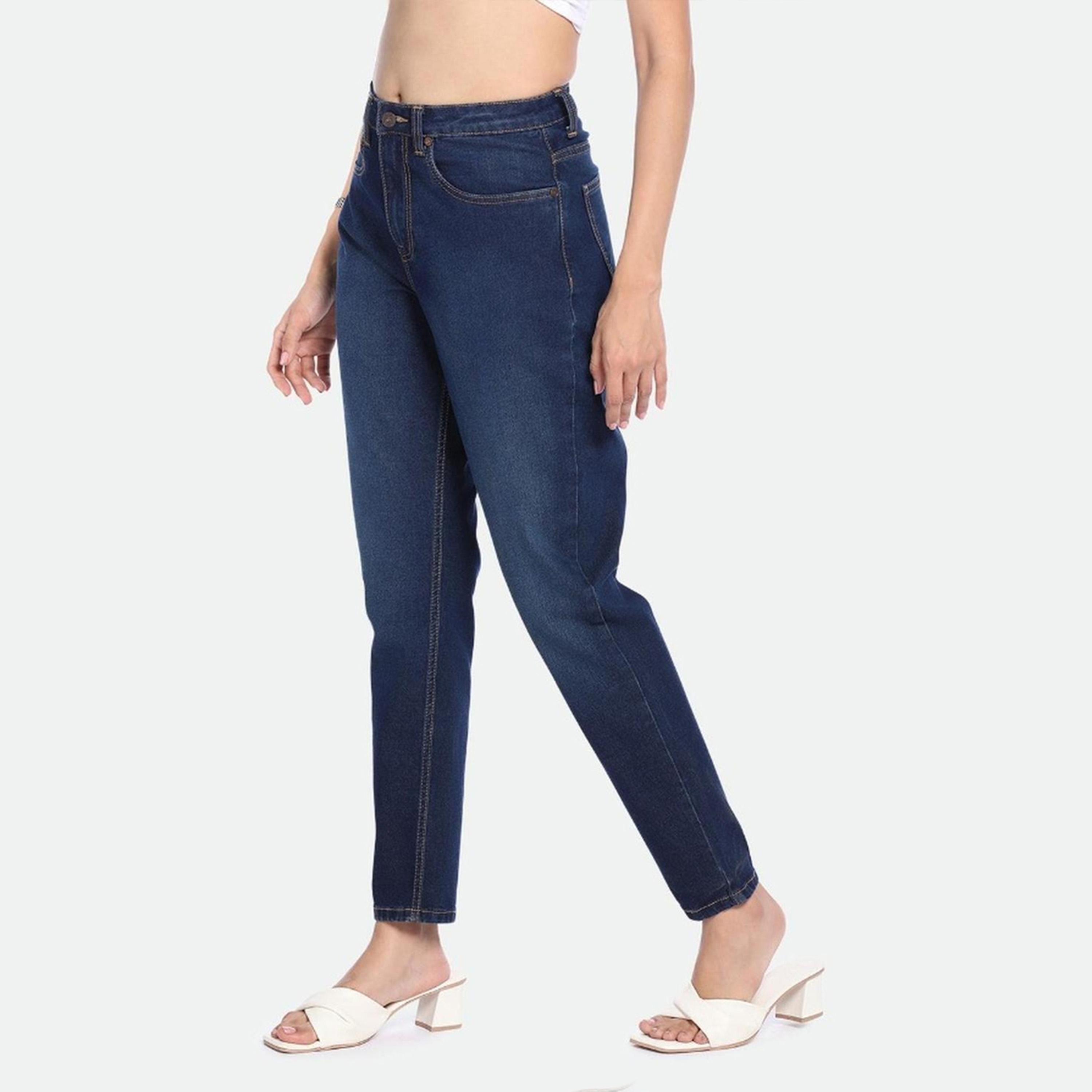 دينيس لينغو× ستايلي-  بنطال جينز للنساء بخصر مرتفع ونمط باهت قابل للتمدد-women-clothing-bottoms-jeans-image-2