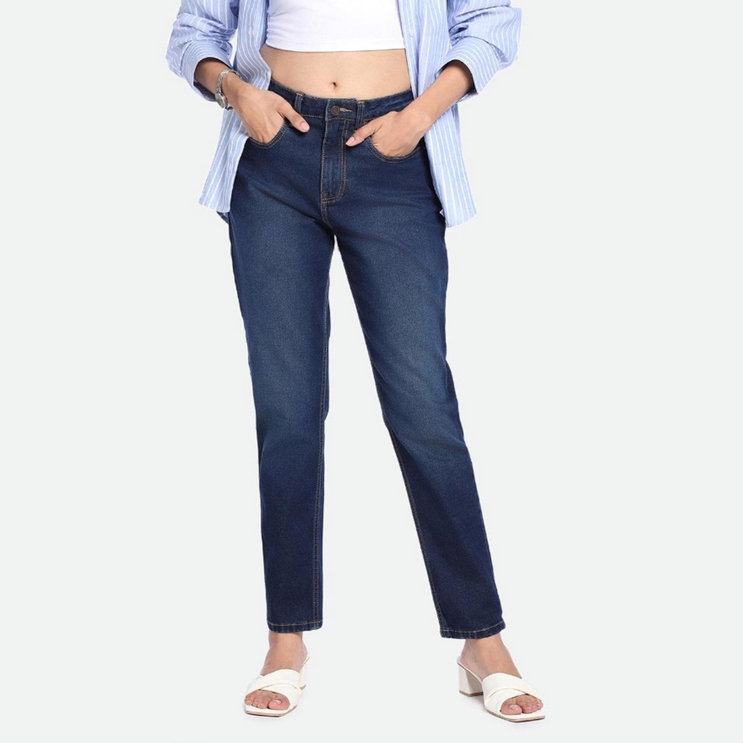 دينيس لينغو× ستايلي-  بنطال جينز للنساء بخصر مرتفع ونمط باهت قابل للتمدد-women-clothing-bottoms-jeans-image-5