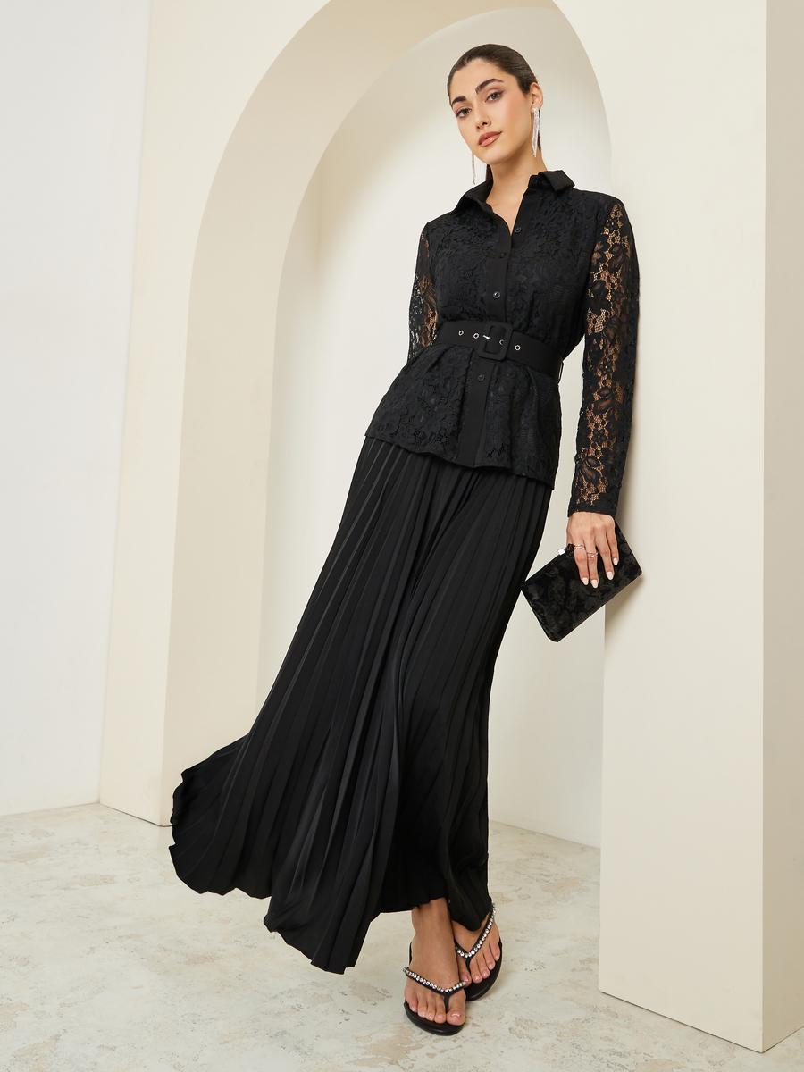 طقم منسق من تنورة بكسرات وقميص دانتيل بحزام-women-clothing-coordsets-image-1