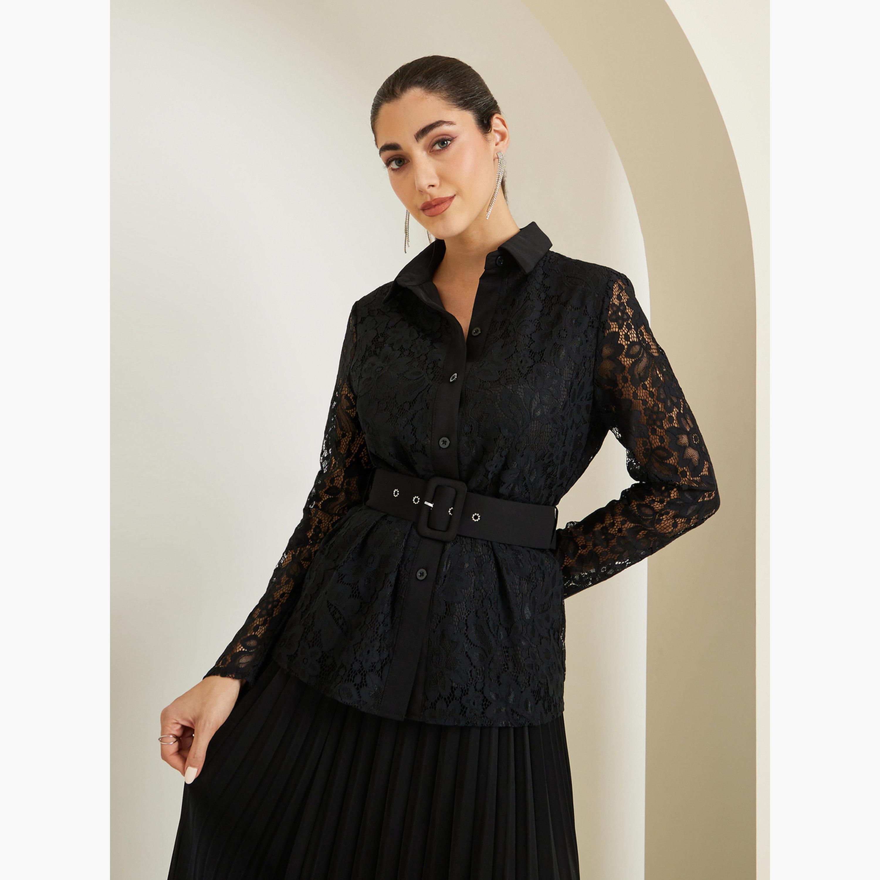 طقم منسق من تنورة بكسرات وقميص دانتيل بحزام-women-clothing-coordsets-image-2