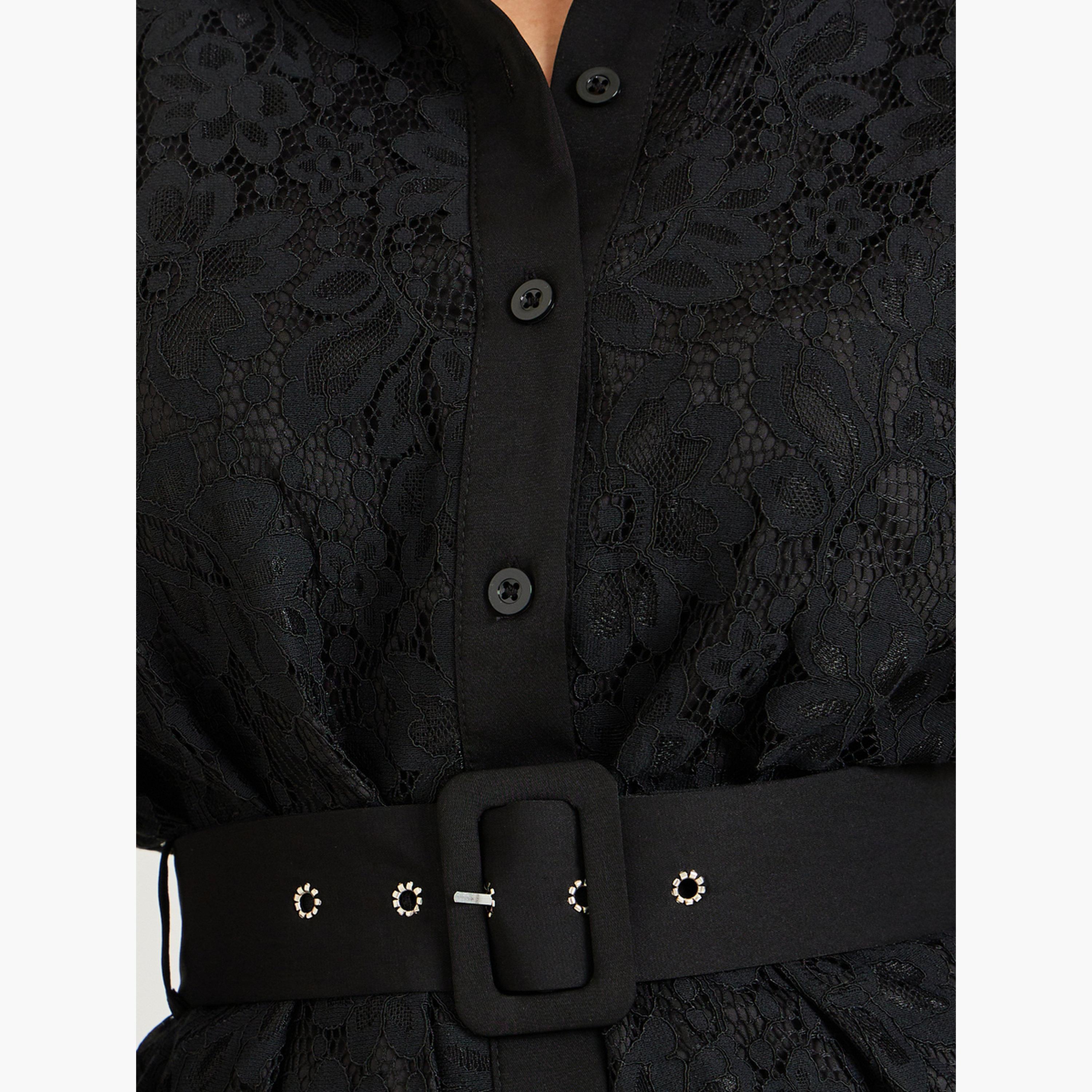 طقم منسق من تنورة بكسرات وقميص دانتيل بحزام-women-clothing-coordsets-image-3
