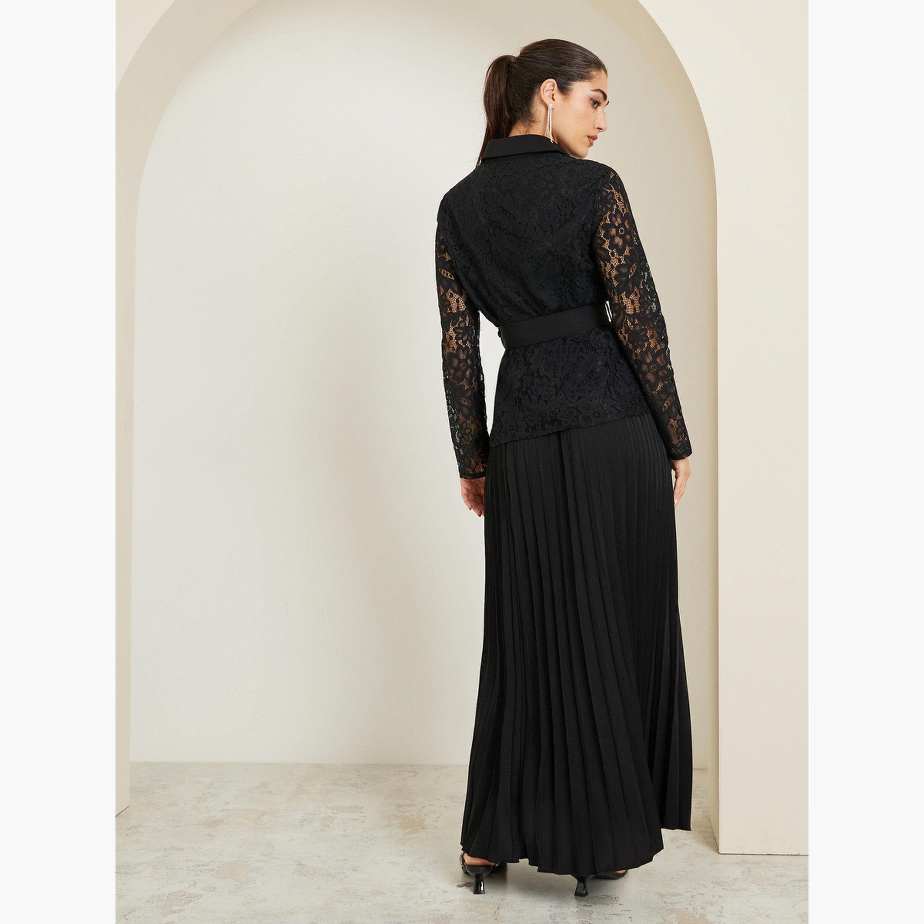طقم منسق من تنورة بكسرات وقميص دانتيل بحزام-women-clothing-coordsets-image-5