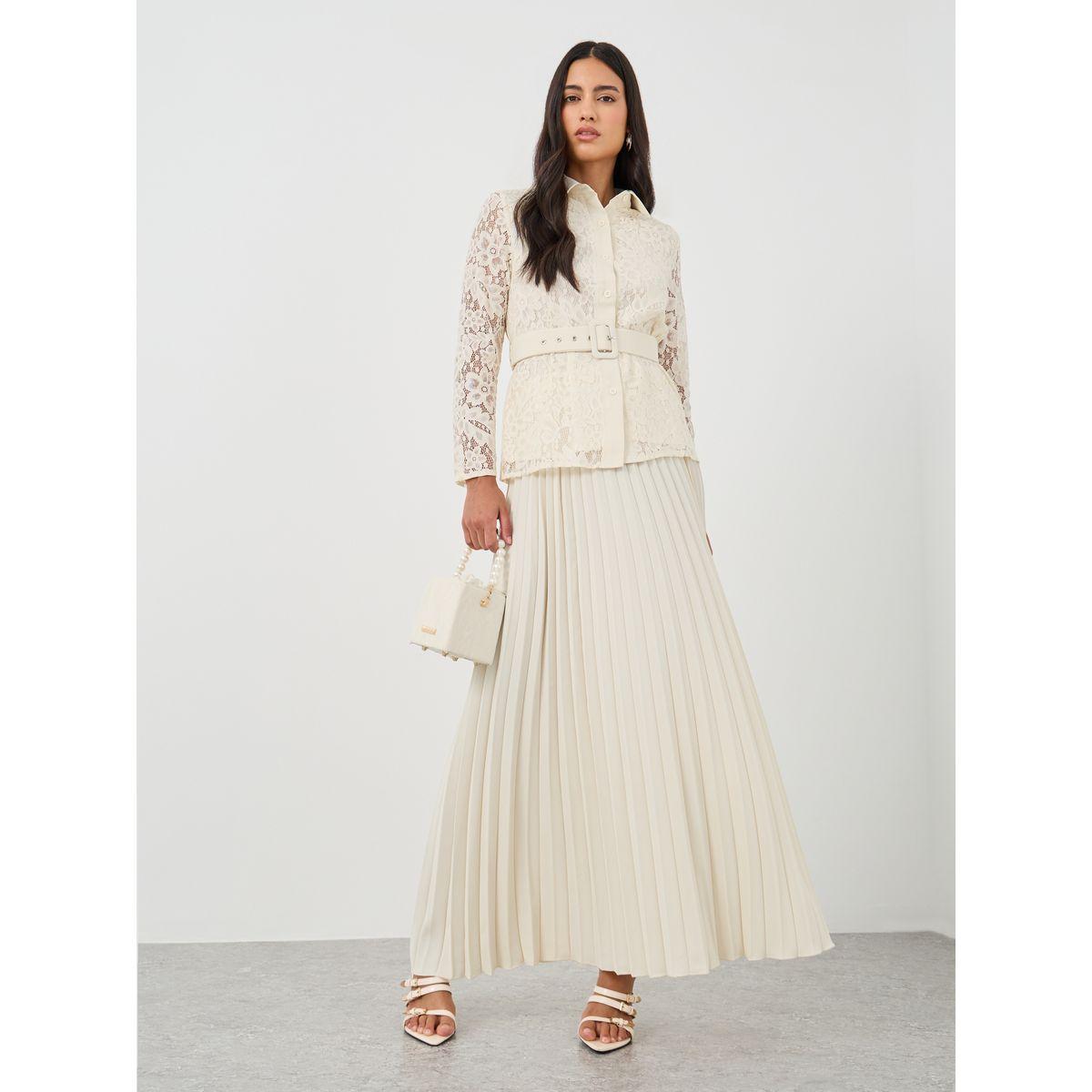 طقم منسق من تنورة بكسرات مع بلوزة بحزام خصر-women-clothing-coordsets-image-1