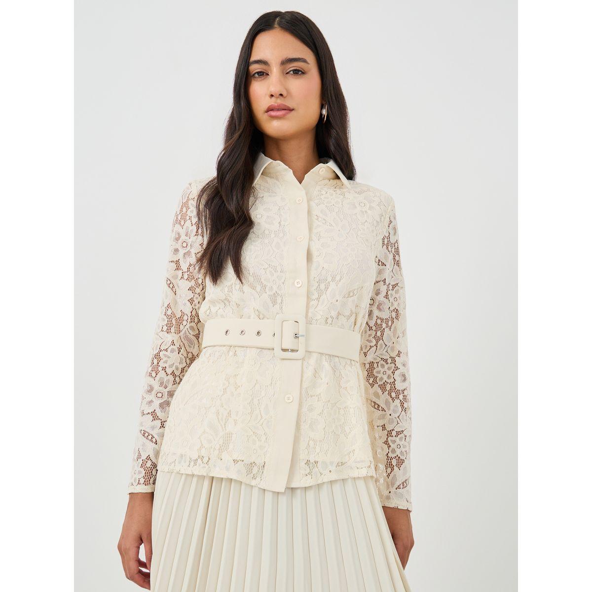 Styli Lace Belted Shirt and Pleated Skirt Co-Ords-women-clothing-coordsets-image-2