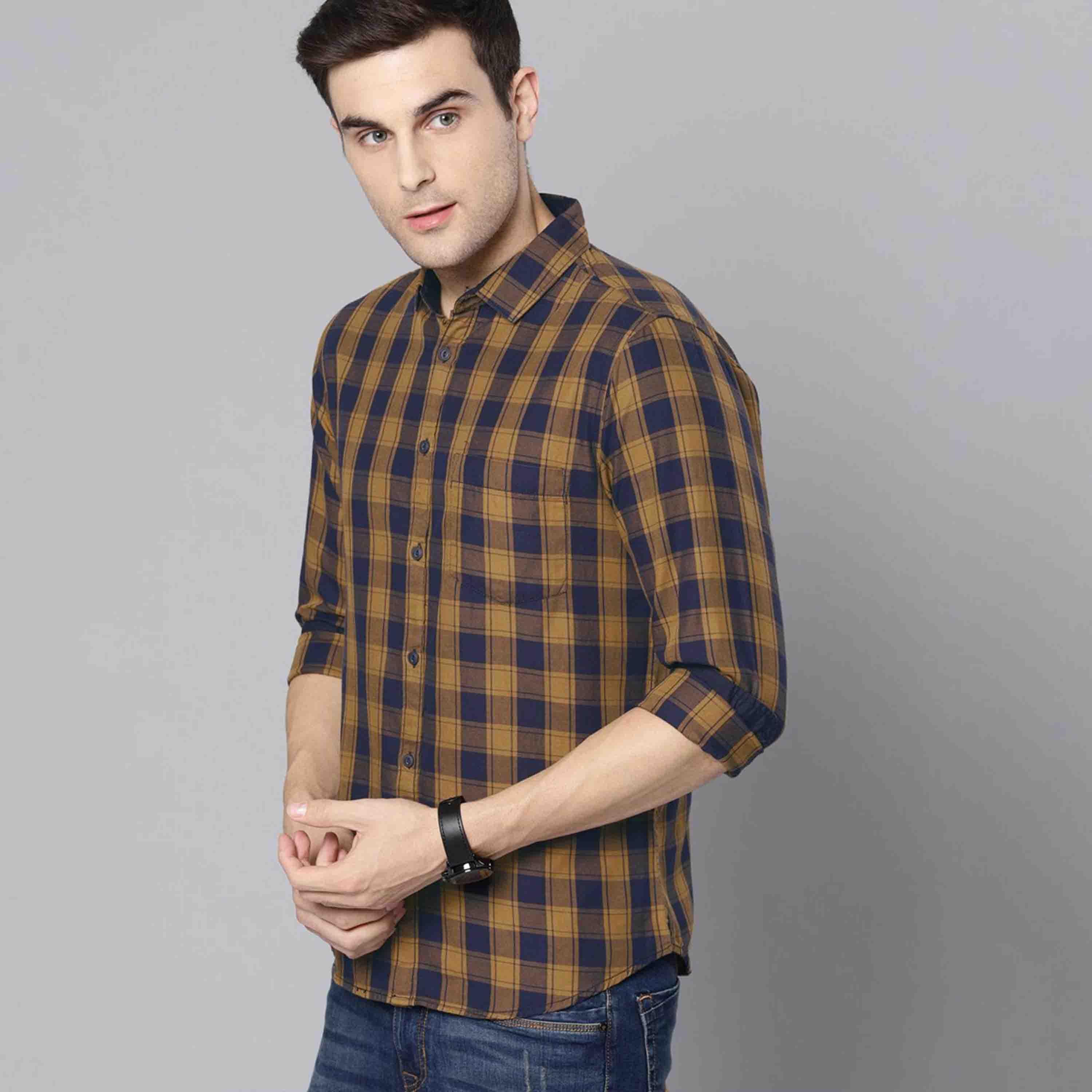 Dennis Lingo X Styli Mustard Yellow and Navy Blue Slim Fit Checked Casual Shirt-men-clothing-shirts-image-1