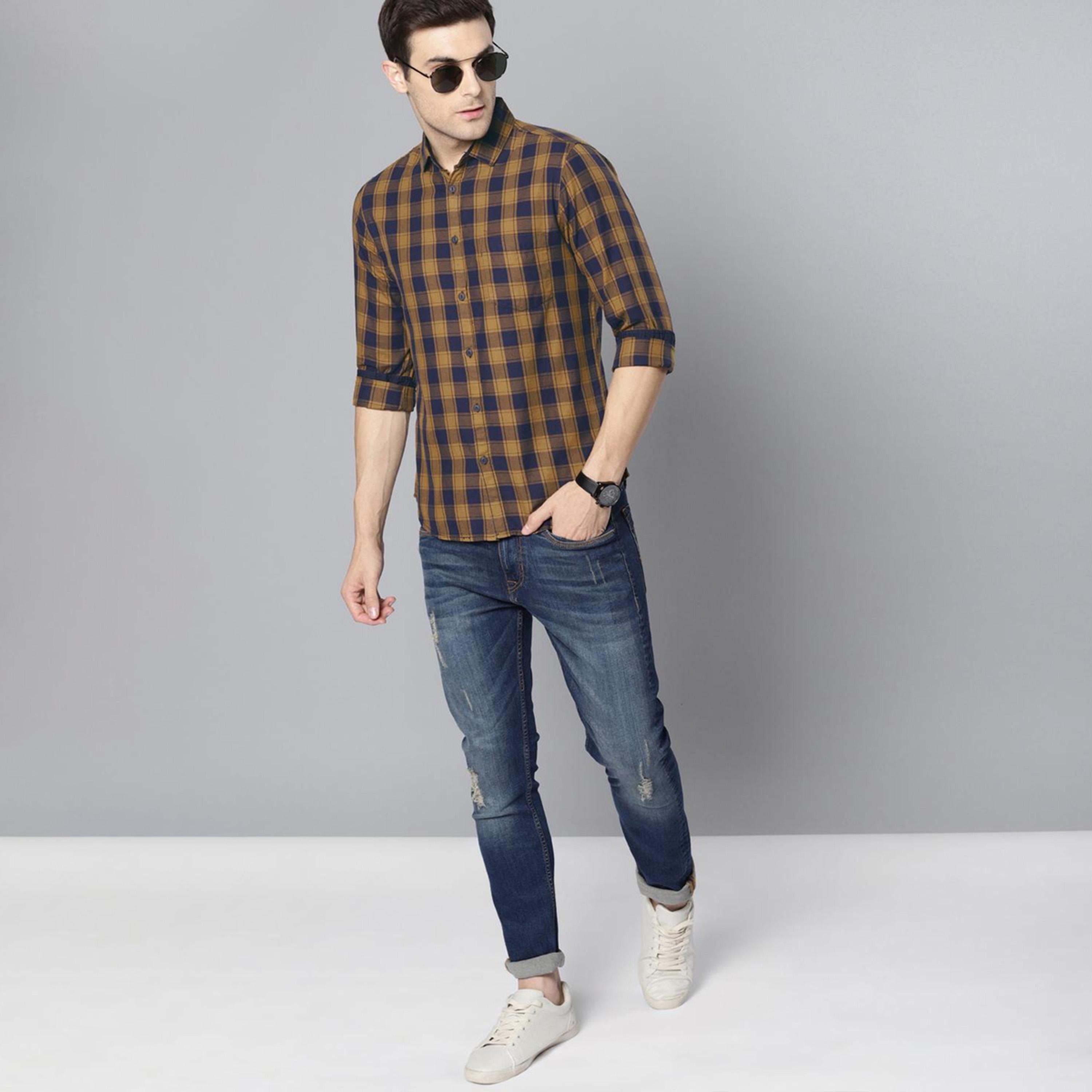 دينيس لينغو× ستايلي-  قميص كاجوال مربعات باللونين الأصفر الخردل والأزرق الداكن-men-clothing-shirts-image-5