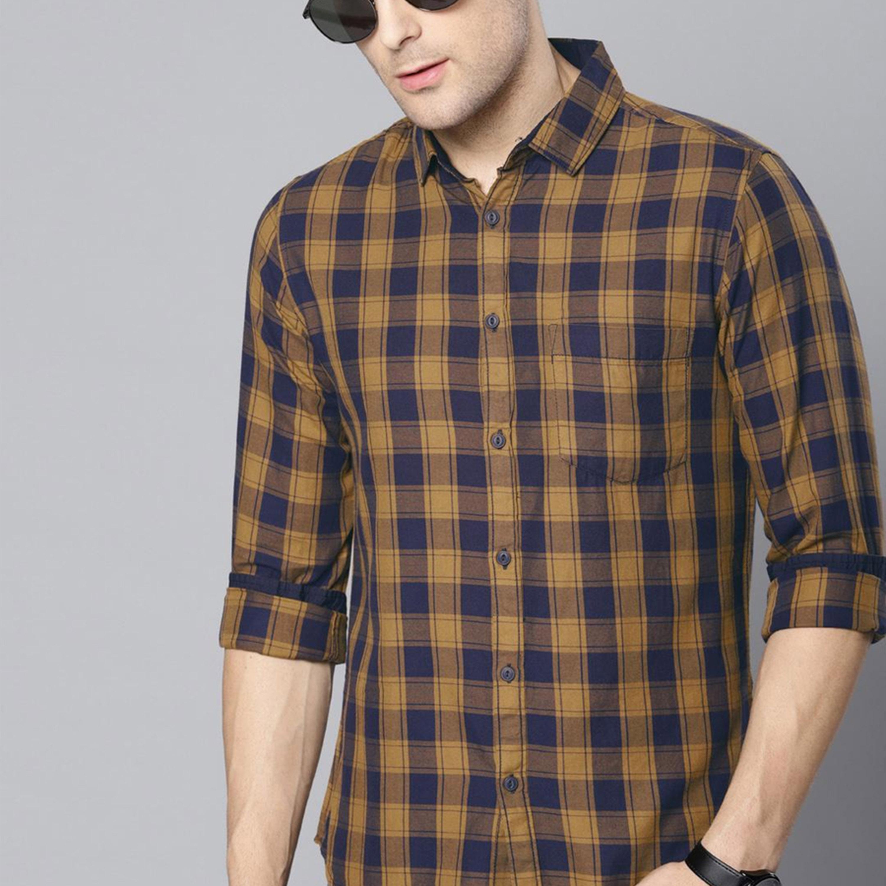 دينيس لينغو× ستايلي-  قميص كاجوال مربعات باللونين الأصفر الخردل والأزرق الداكن-men-clothing-shirts-image-6