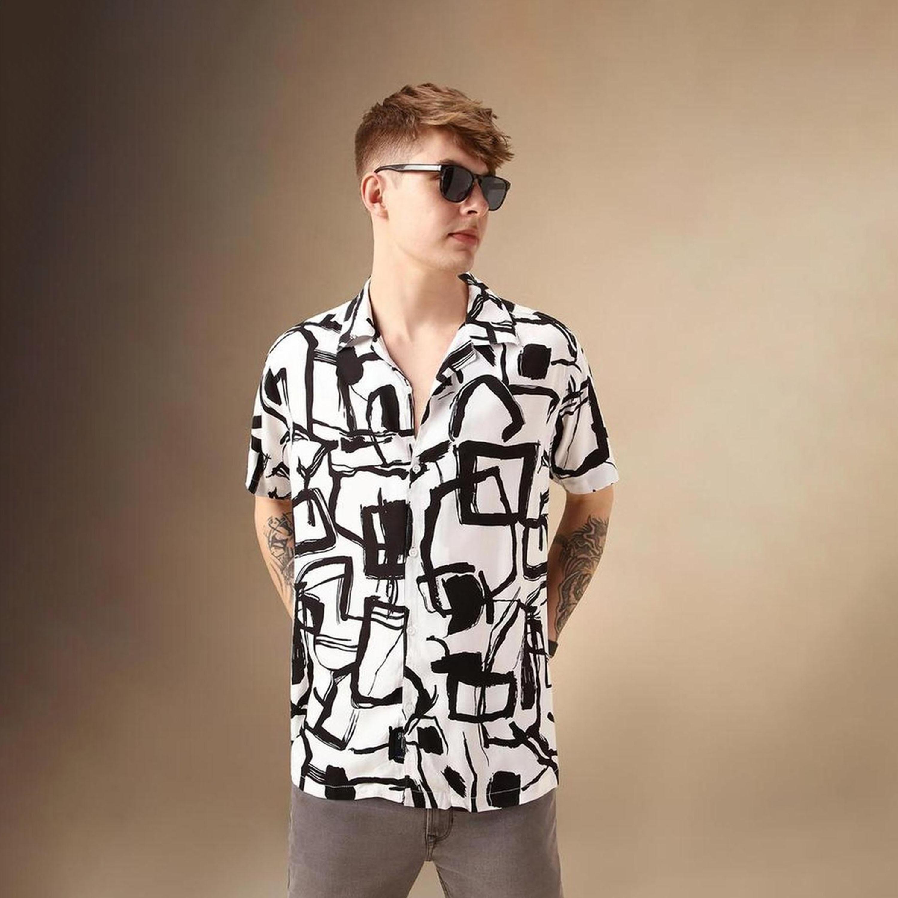 دينيس لينغو× ستايلي-  قميص كاجوال ياقة كوبية مطبوعة تجريدية ذكية-men-clothing-shirts-image-1