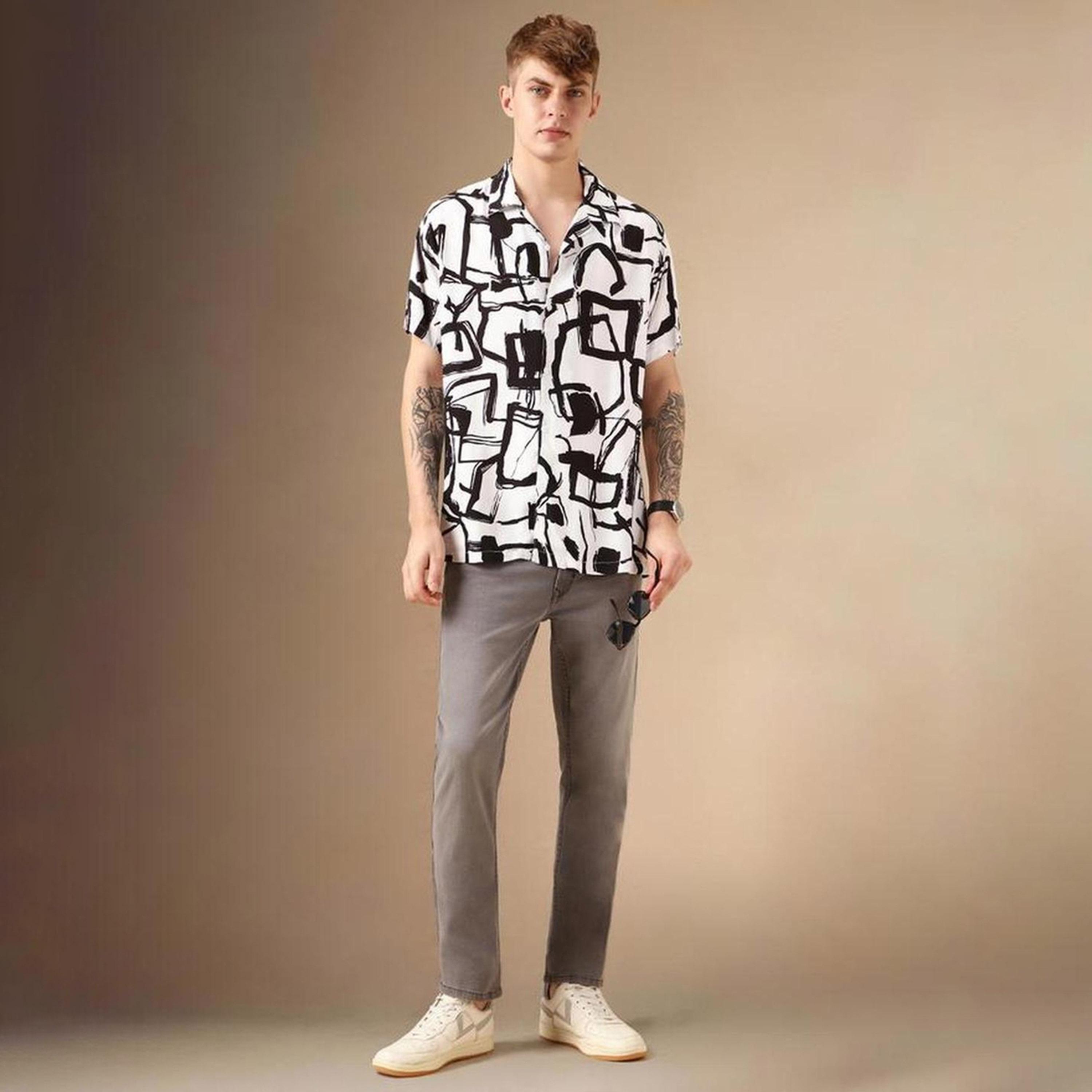 دينيس لينغو× ستايلي-  قميص كاجوال ياقة كوبية مطبوعة تجريدية ذكية-men-clothing-shirts-image-2