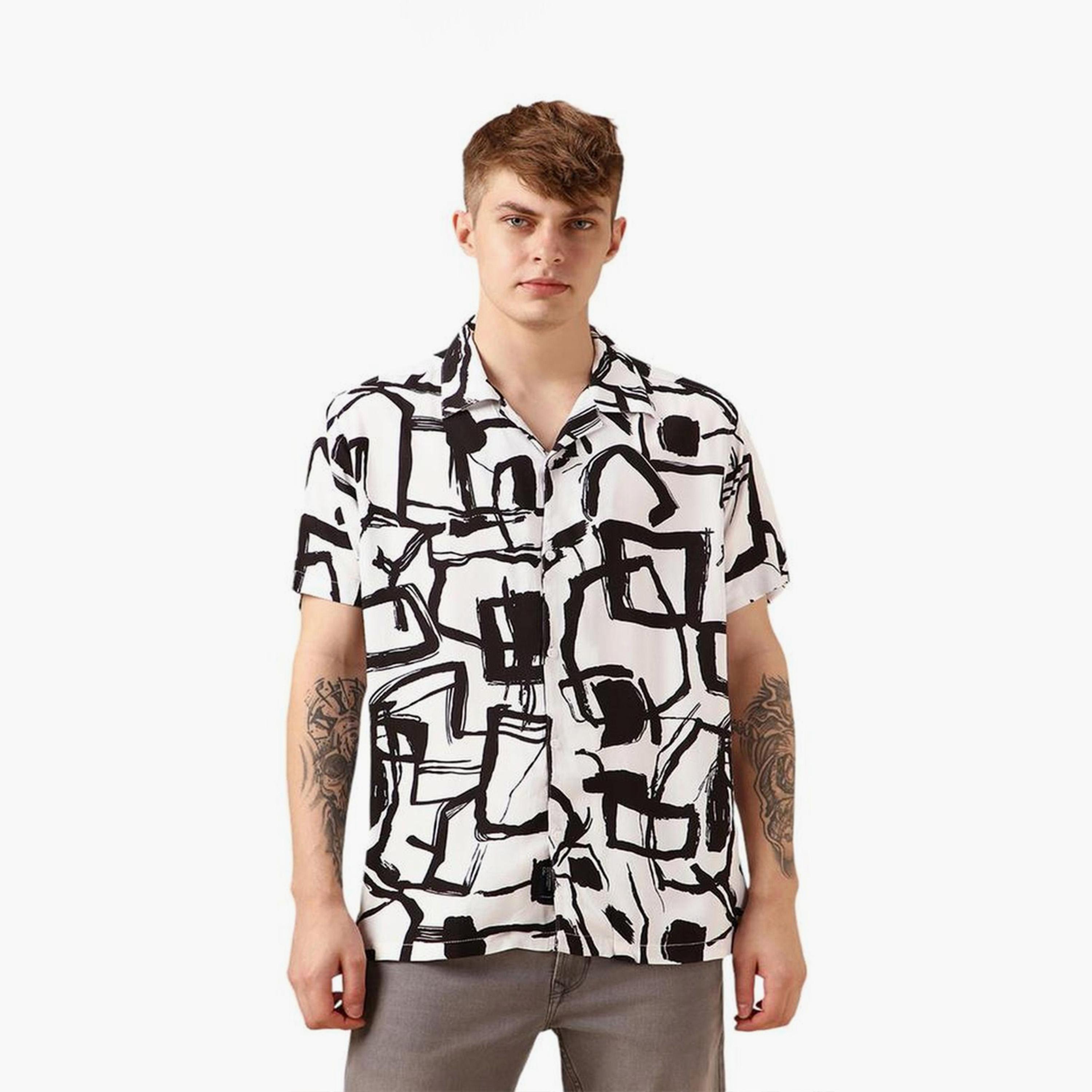 دينيس لينغو× ستايلي-  قميص كاجوال ياقة كوبية مطبوعة تجريدية ذكية-men-clothing-shirts-image-3