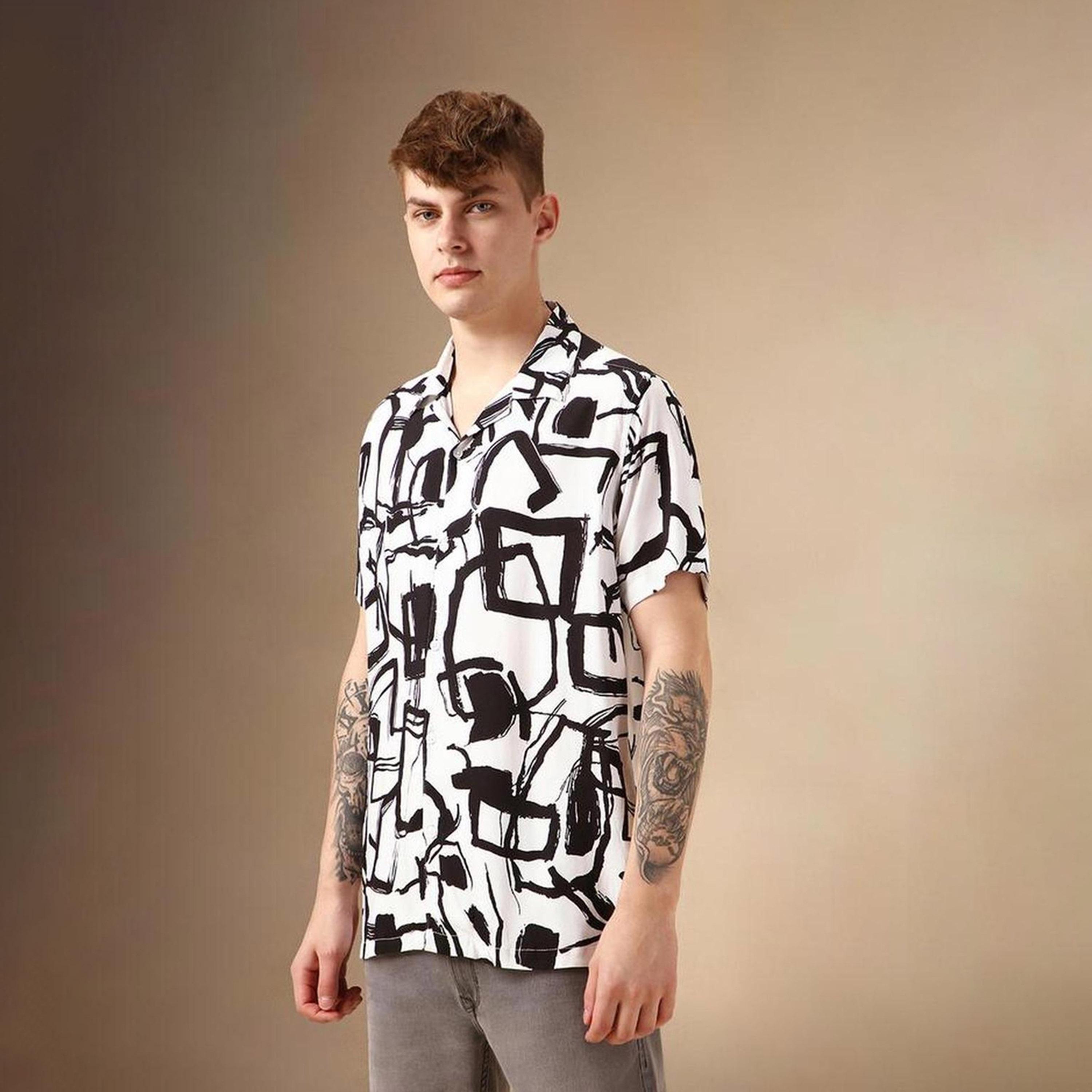 دينيس لينغو× ستايلي-  قميص كاجوال ياقة كوبية مطبوعة تجريدية ذكية-men-clothing-shirts-image-4