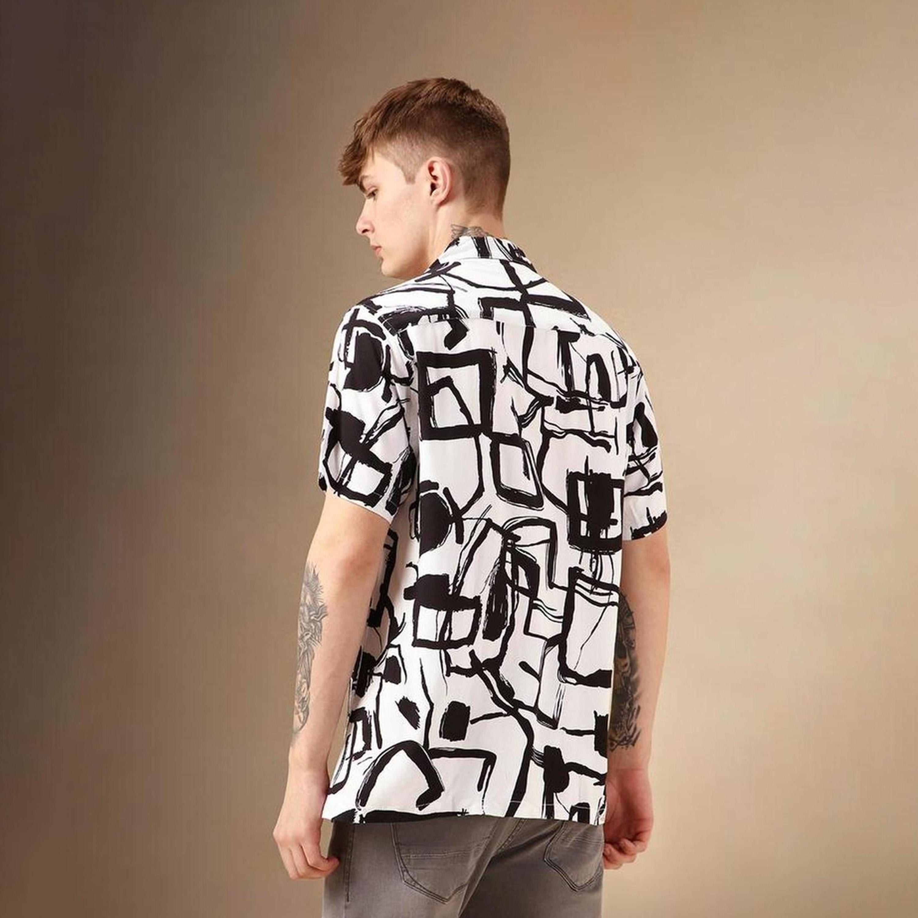 دينيس لينغو× ستايلي-  قميص كاجوال ياقة كوبية مطبوعة تجريدية ذكية-men-clothing-shirts-image-5