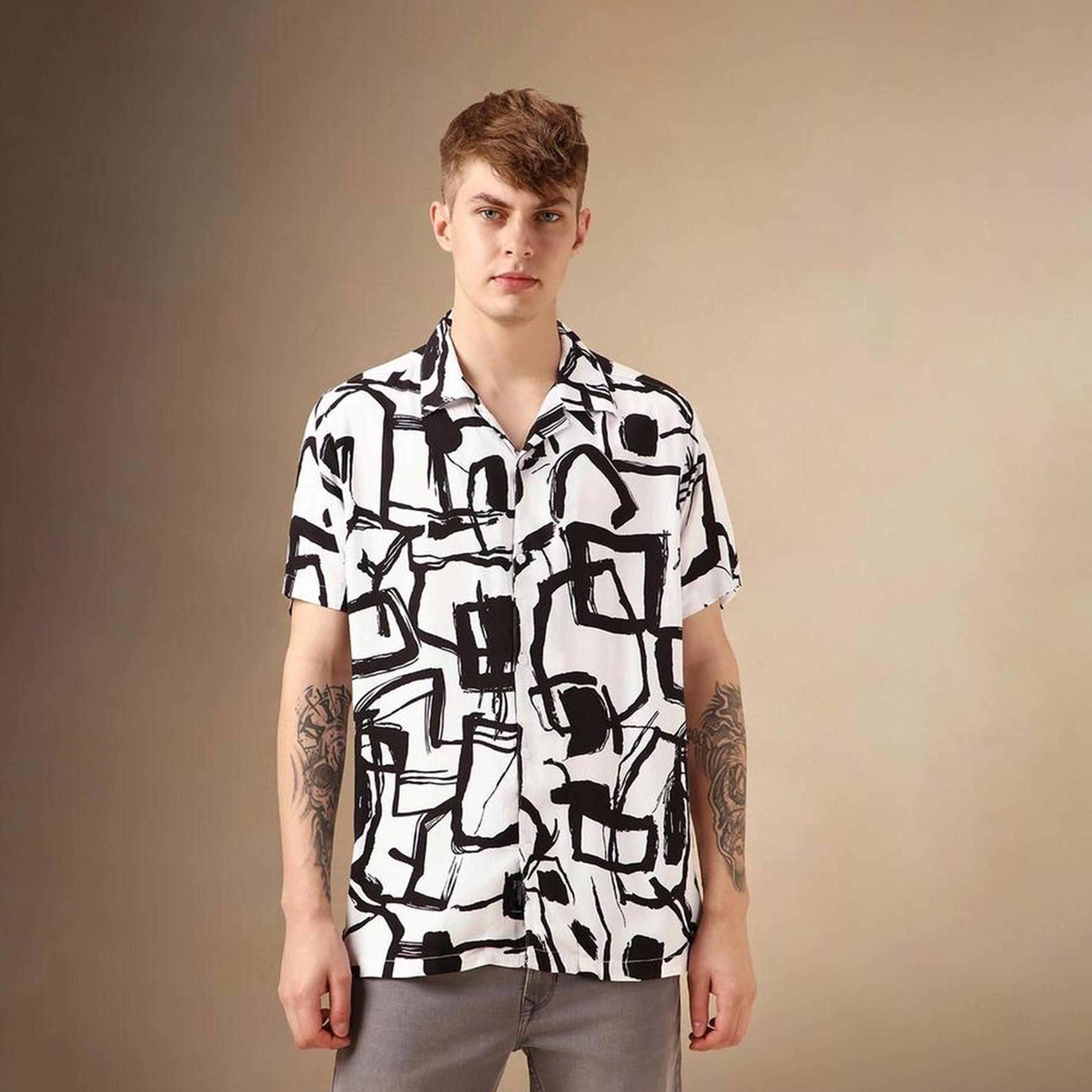 دينيس لينغو× ستايلي-  قميص كاجوال ياقة كوبية مطبوعة تجريدية ذكية-men-clothing-shirts-image-6
