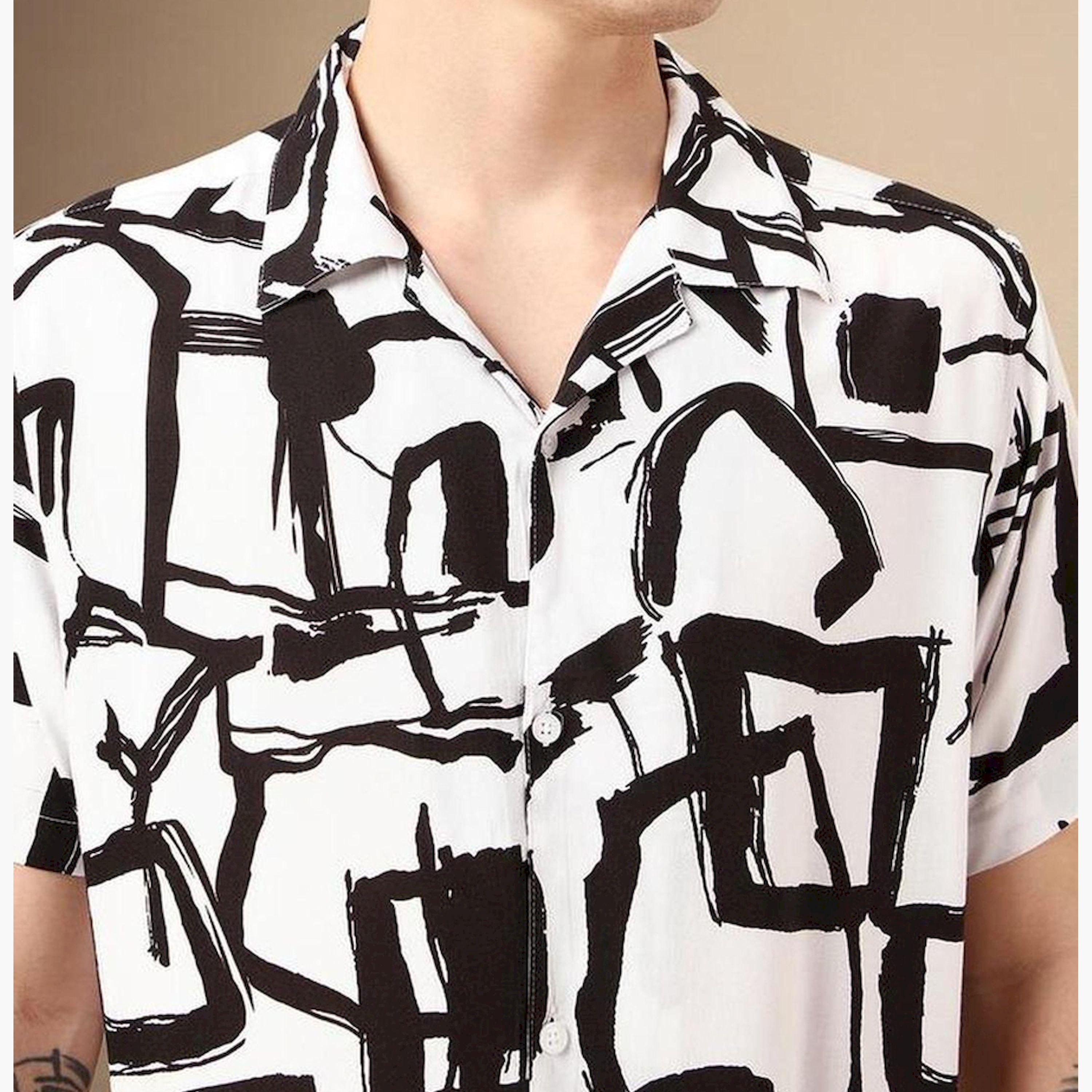 دينيس لينغو× ستايلي-  قميص كاجوال ياقة كوبية مطبوعة تجريدية ذكية-men-clothing-shirts-image-7
