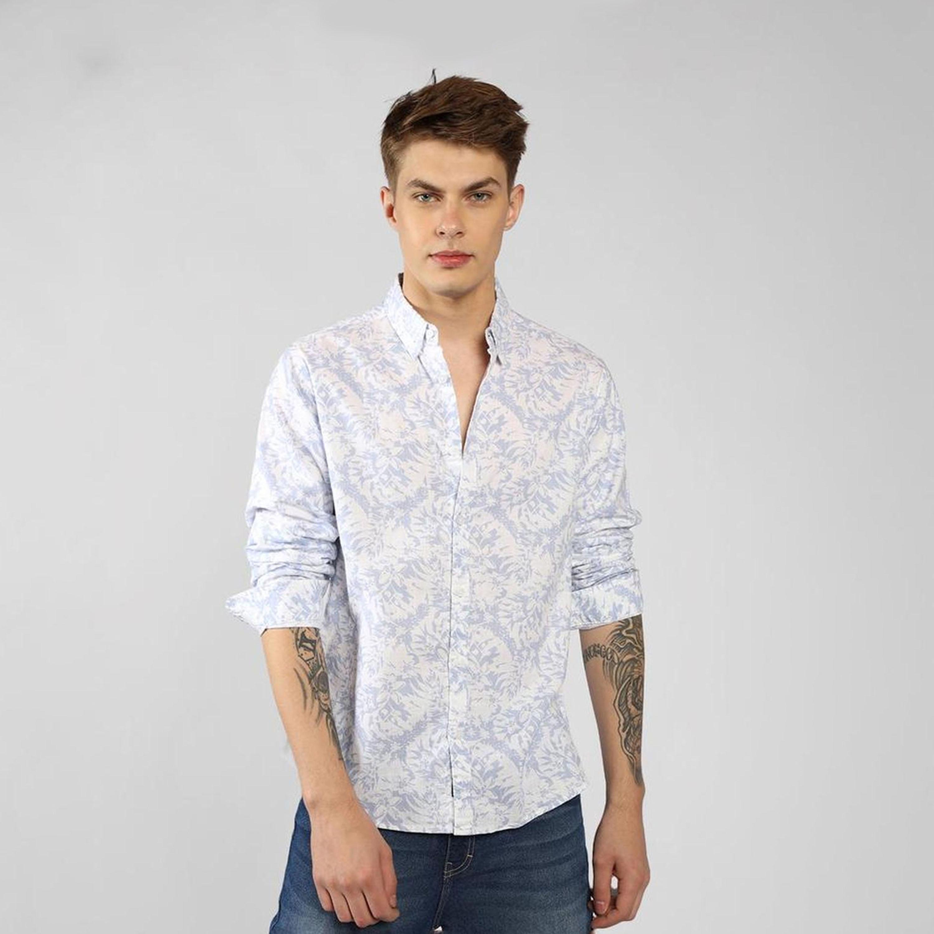 دينيس لينغو× ستايلي-  قميص كاجوال قطن ذو الياقة بأزرار سفلية وطبعات زهور-men-clothing-shirts-image-1