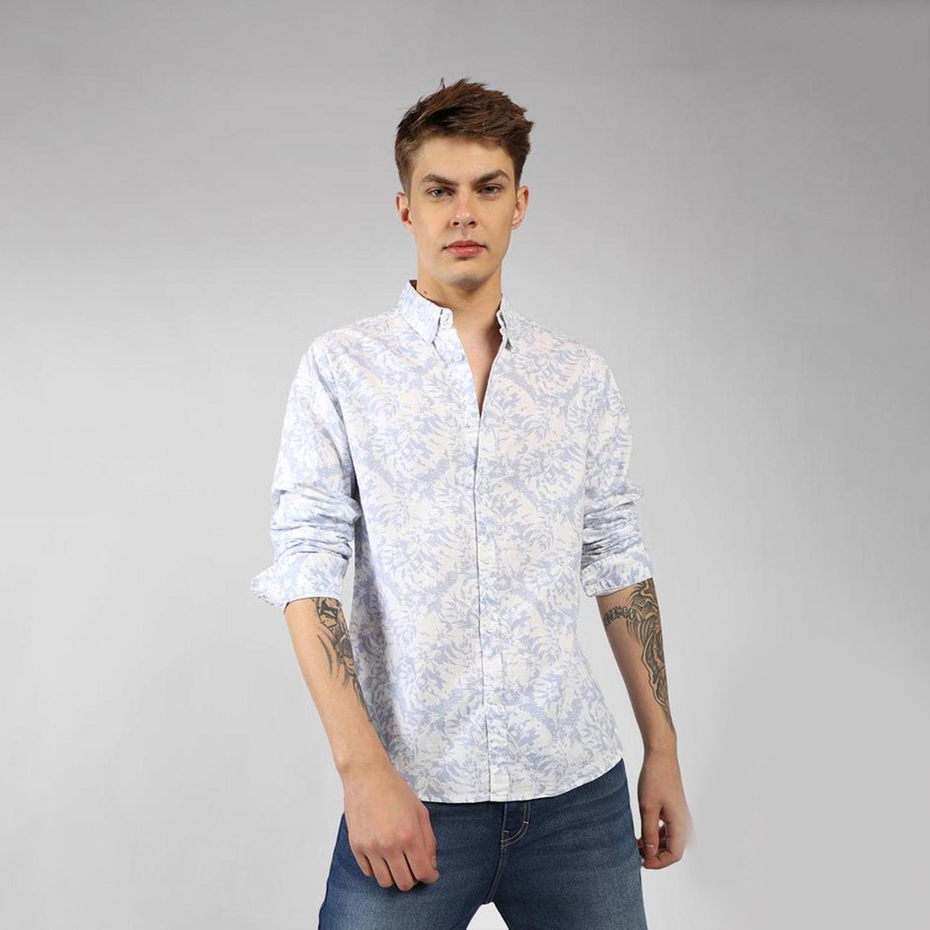 دينيس لينغو× ستايلي-  قميص كاجوال قطن ذو الياقة بأزرار سفلية وطبعات زهور-men-clothing-shirts-image-3