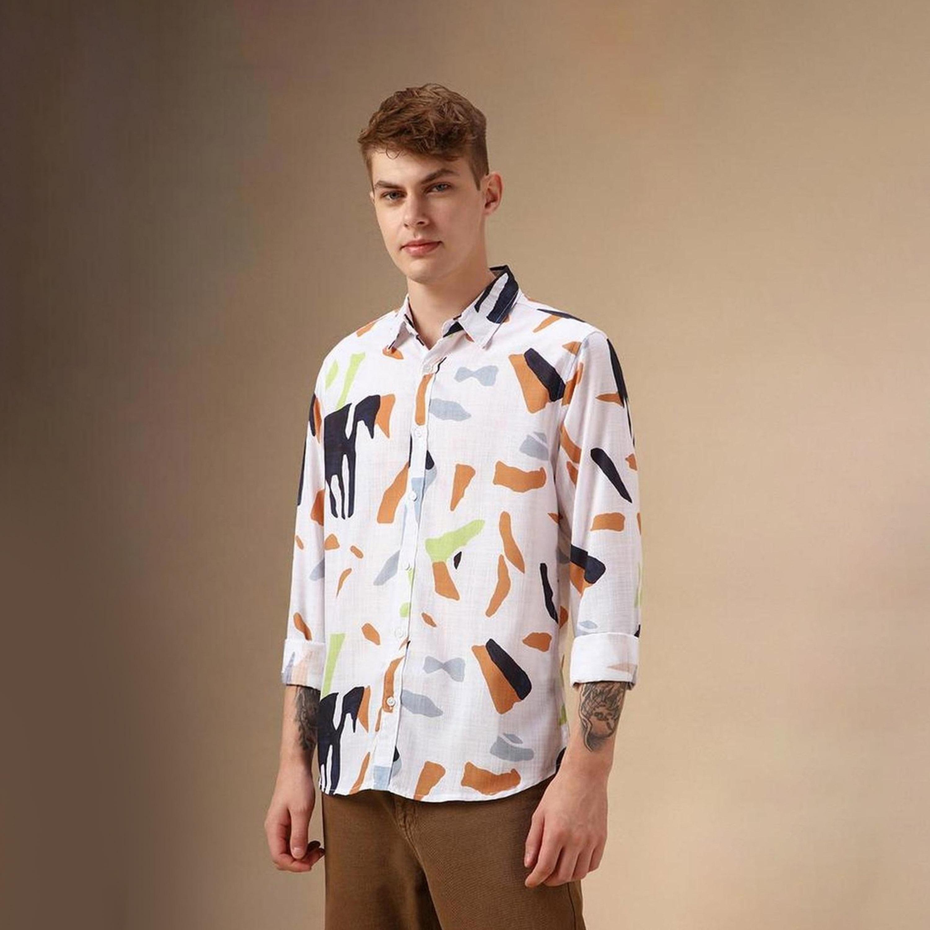 دينيس لينغو× ستايلي-  قميص كاجوال ياقة واسعة قطن مطبوع التجريدي-men-clothing-shirts-image-2