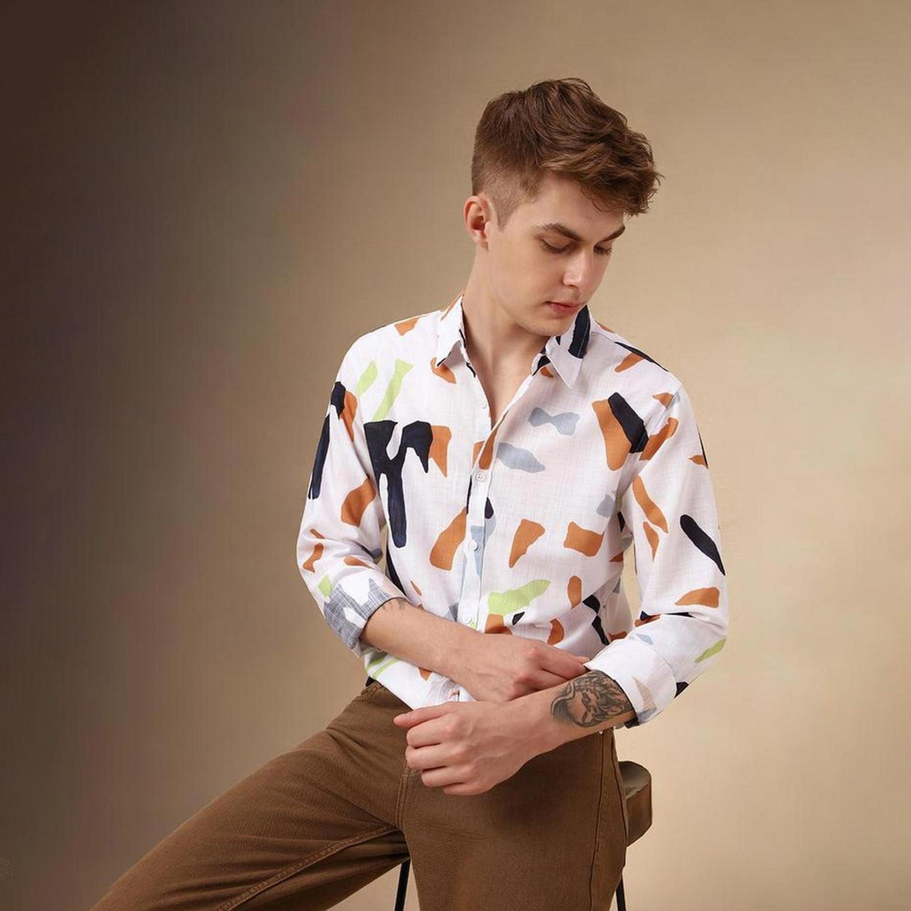 دينيس لينغو× ستايلي-  قميص كاجوال ياقة واسعة قطن مطبوع التجريدي-men-clothing-shirts-image-5