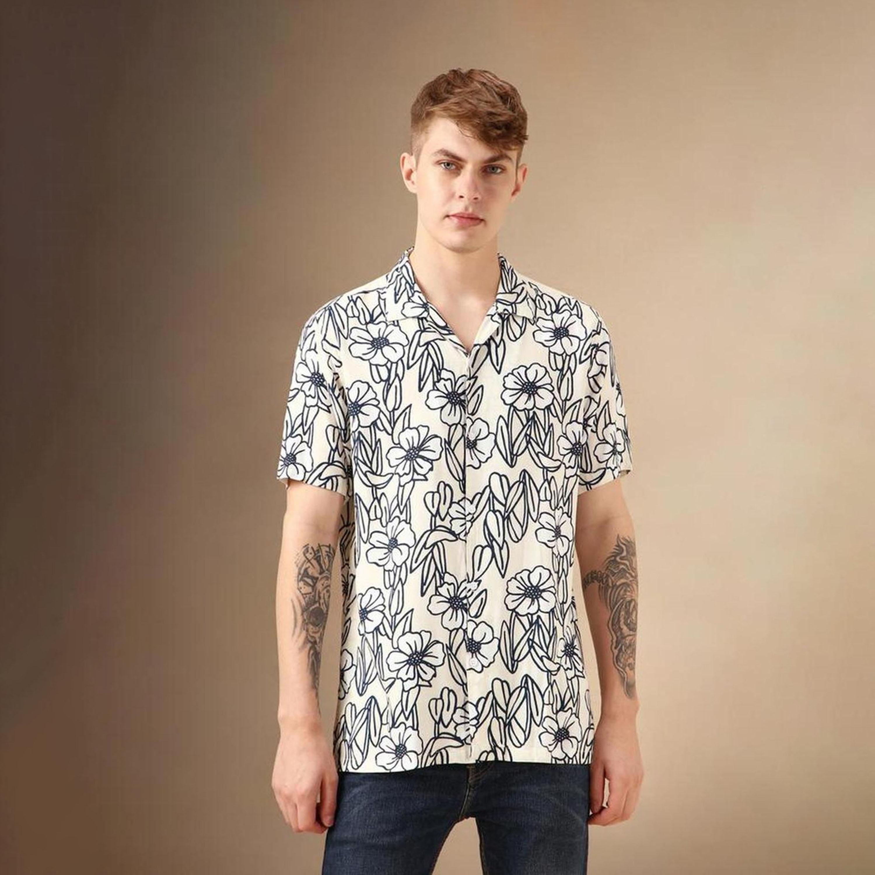دينيس لينغو× ستايلي-  قميص كاجوال ياقة كوبية مطبوعة بالأزهار الذكية-men-clothing-shirts-image-1