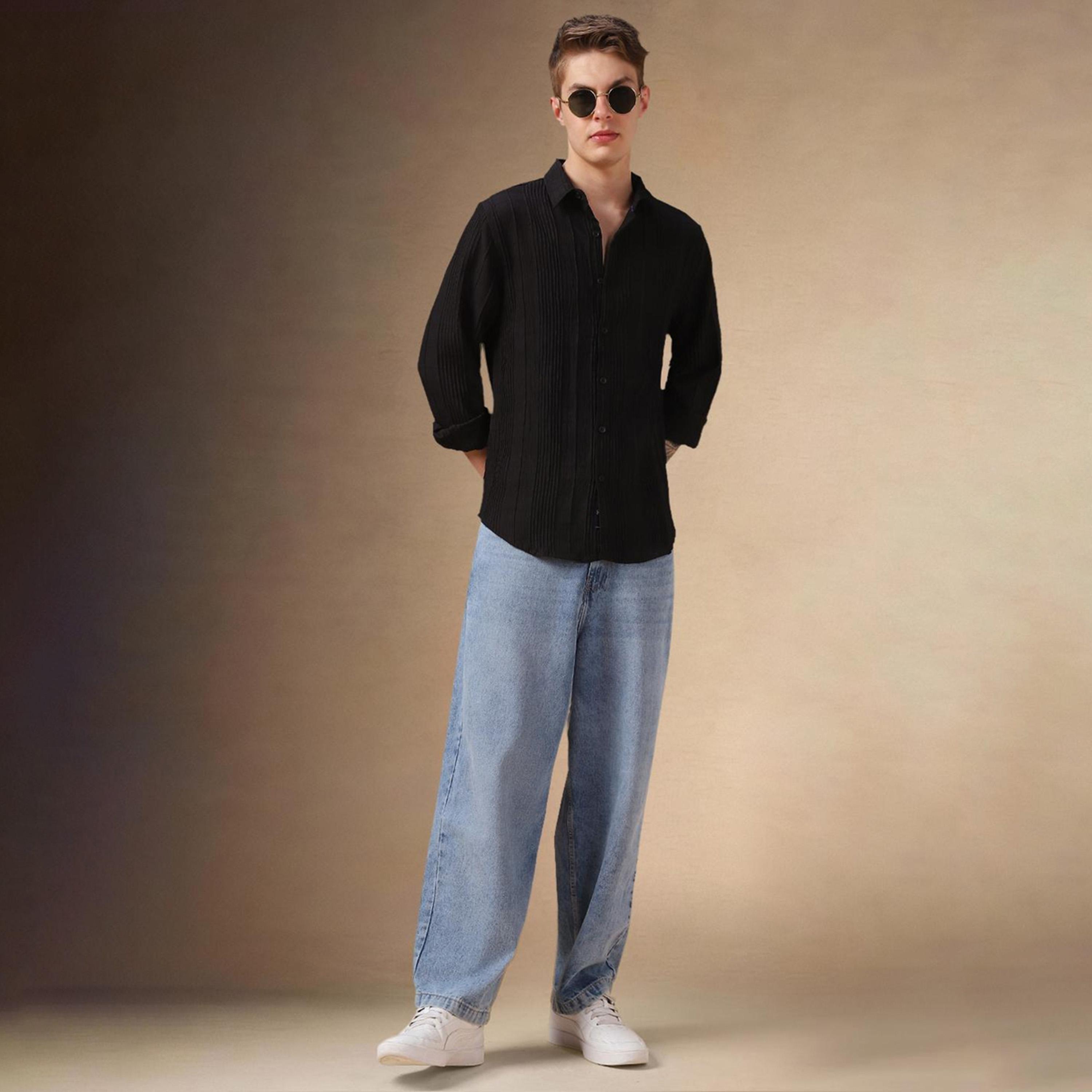 دينيس لينغو× ستايلي-  قميص كاجوال من القطن ياقة واسعة باللون الأسود-men-clothing-shirts-image-5