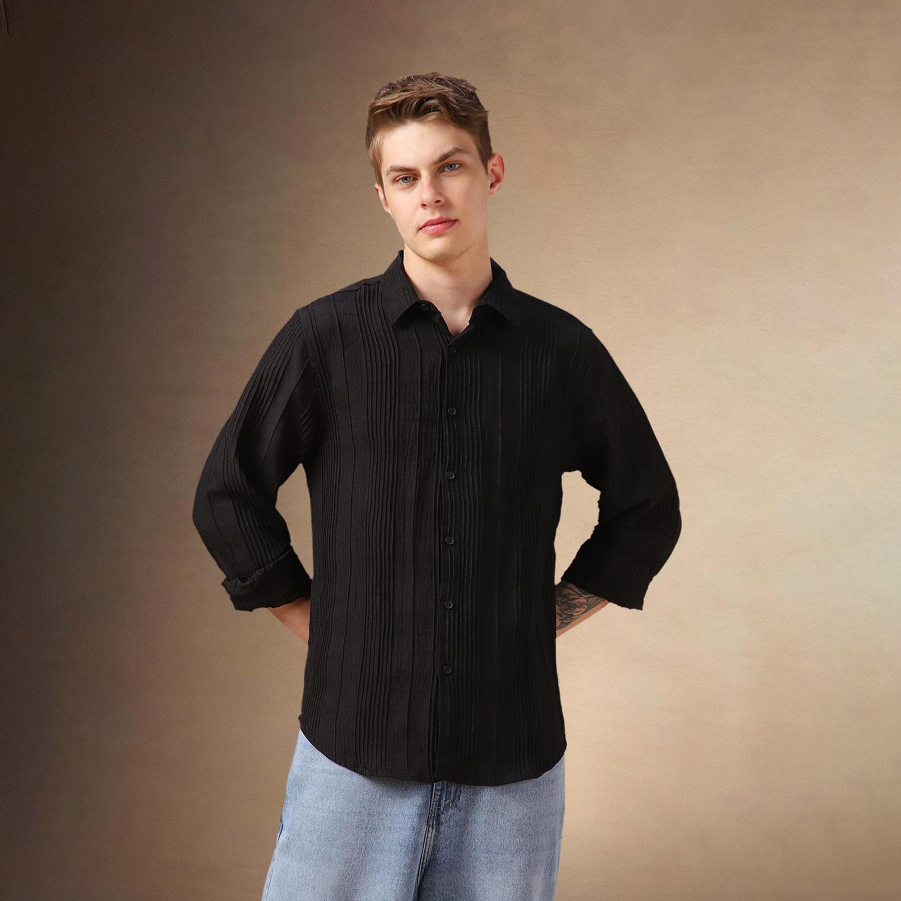 دينيس لينغو× ستايلي-  قميص كاجوال من القطن ياقة واسعة باللون الأسود-men-clothing-shirts-image-6