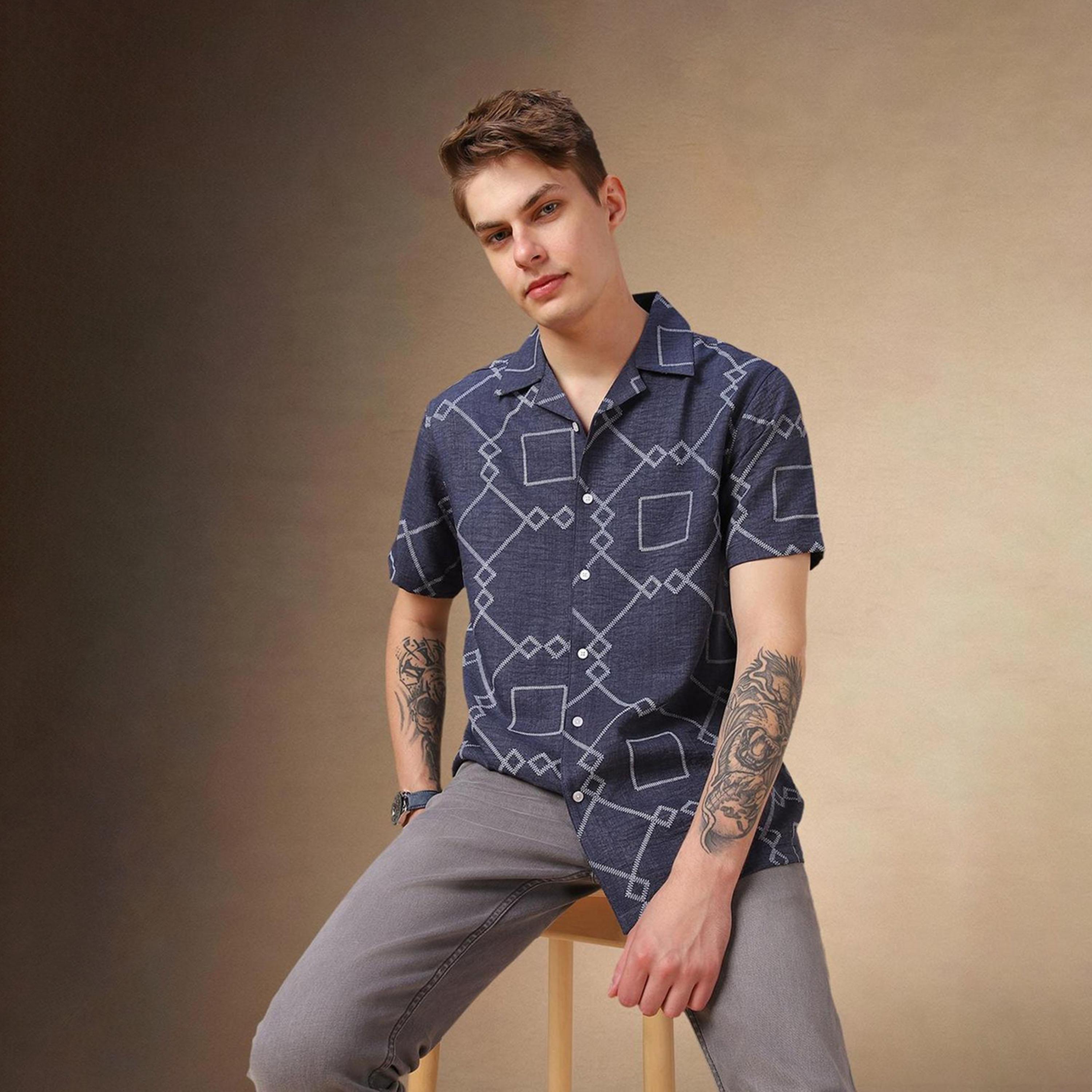 Dennis Lingo X Styli Blue Cuban Collar Geometric Printed Relaxed Fit Casual Shirt-men-clothing-shirts-image-1