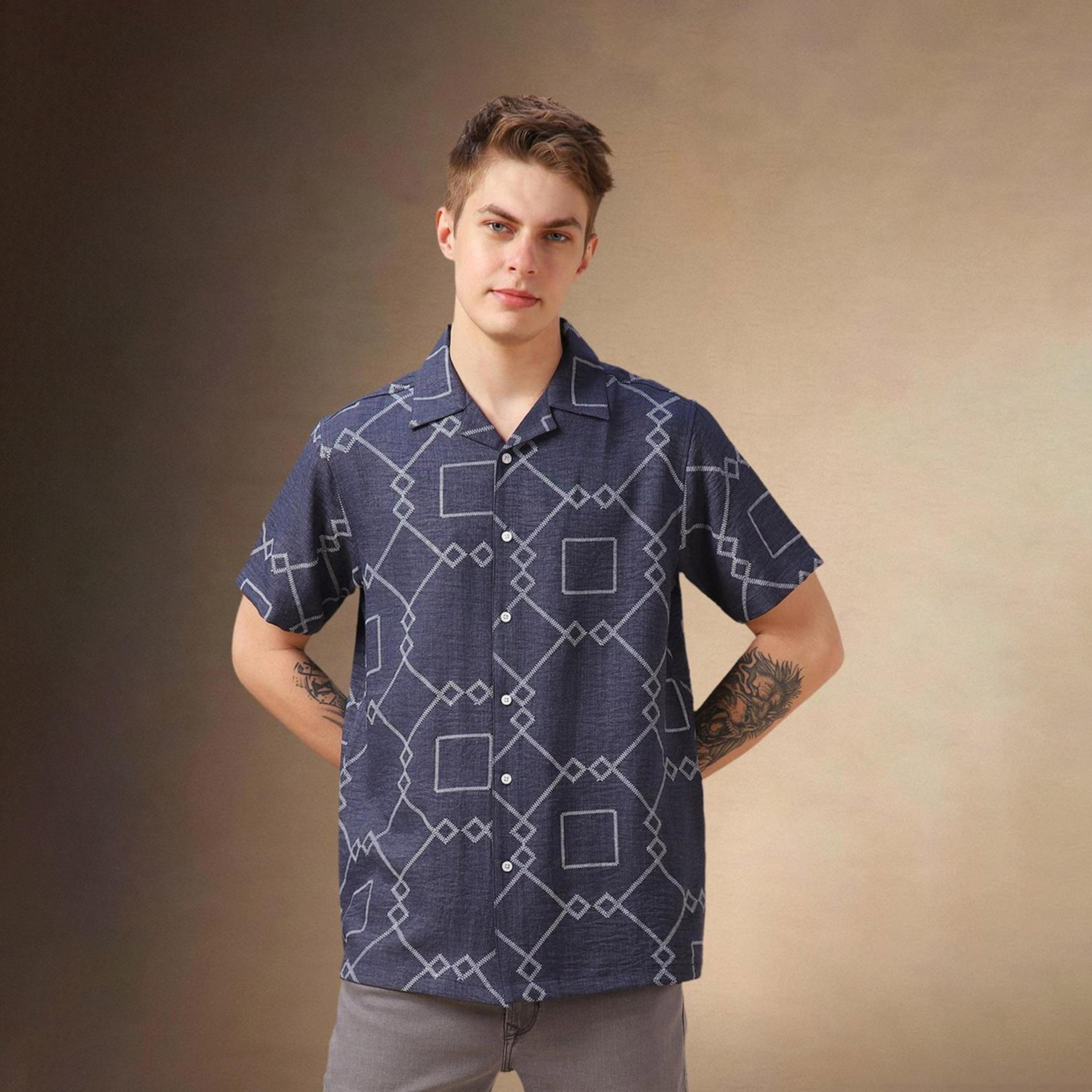 Dennis Lingo X Styli Blue Cuban Collar Geometric Printed Relaxed Fit Casual Shirt-men-clothing-shirts-image-4