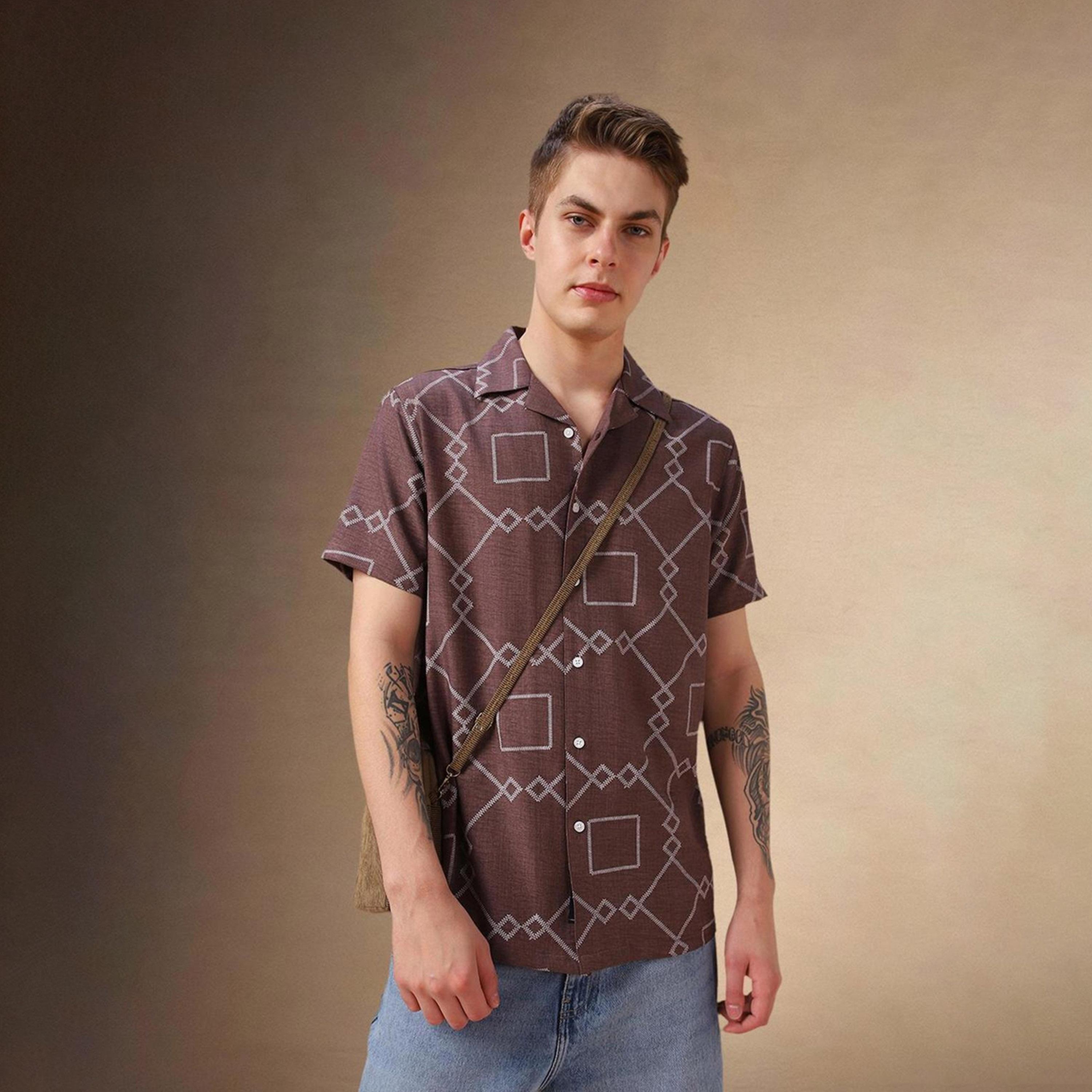 Dennis Lingo X Styli Brown Cuban Collar Geometric Printed Relaxed Fit Casual Shirt-men-clothing-shirts-image-2