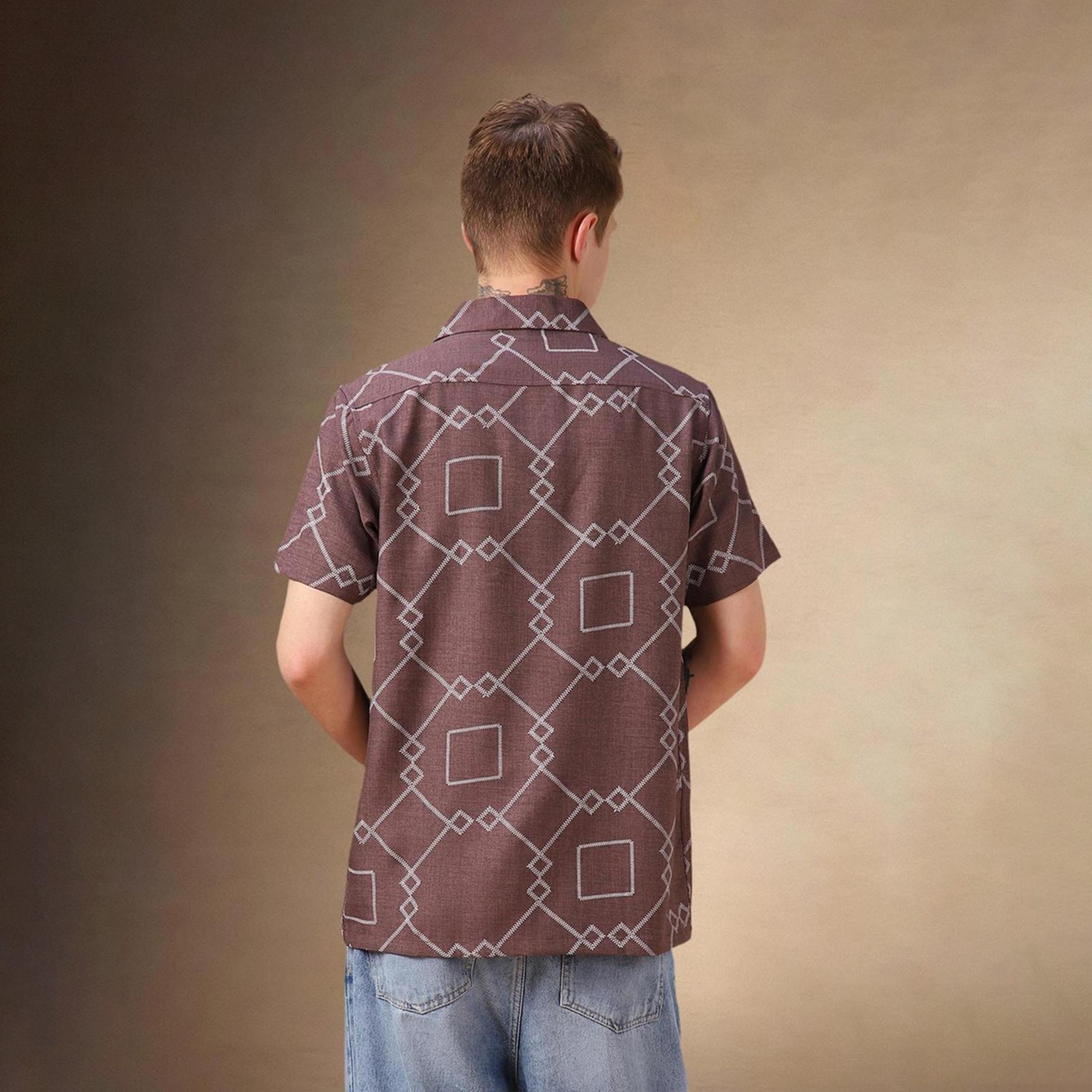Dennis Lingo X Styli Brown Cuban Collar Geometric Printed Relaxed Fit Casual Shirt-men-clothing-shirts-image-3