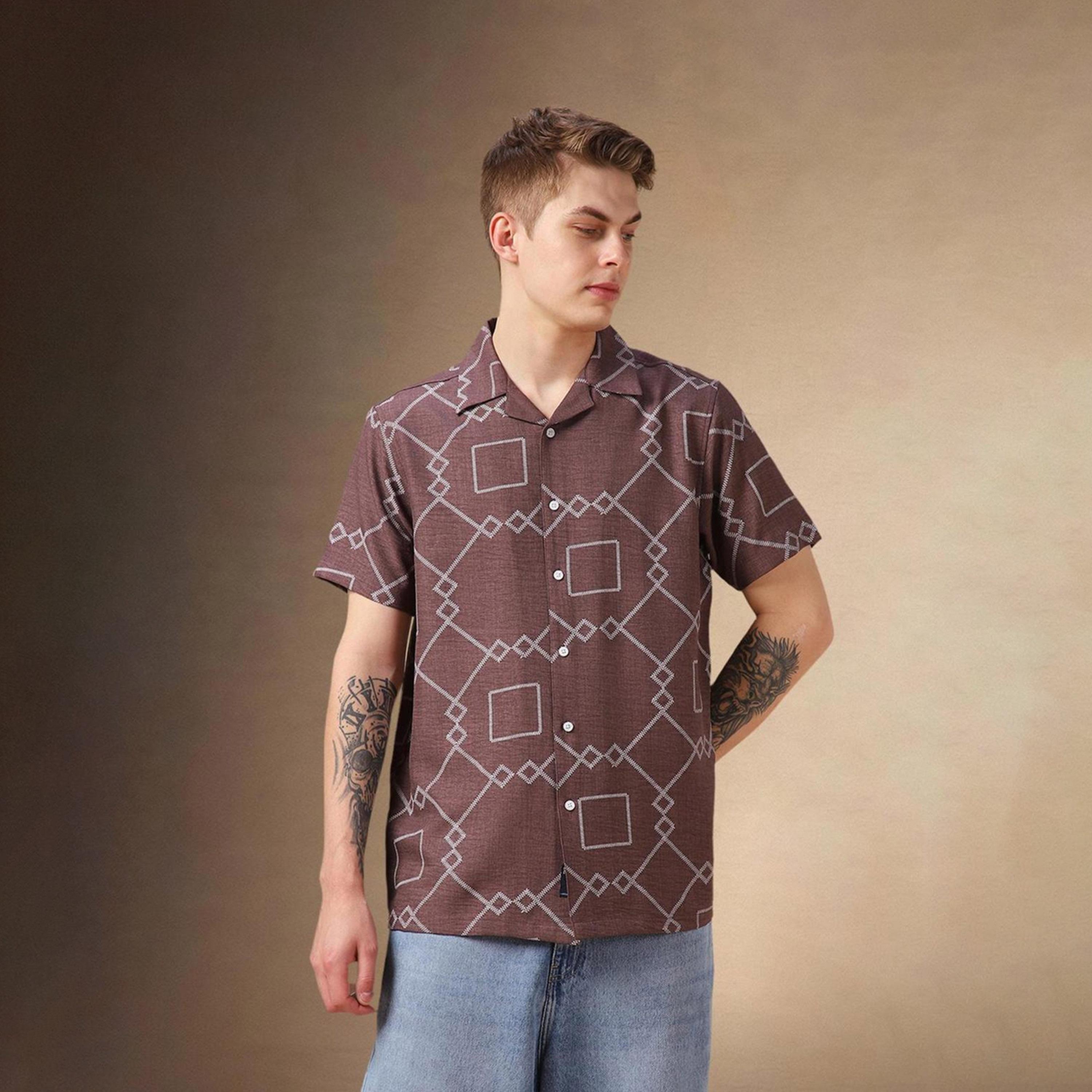 Dennis Lingo X Styli Brown Cuban Collar Geometric Printed Relaxed Fit Casual Shirt-men-clothing-shirts-image-4