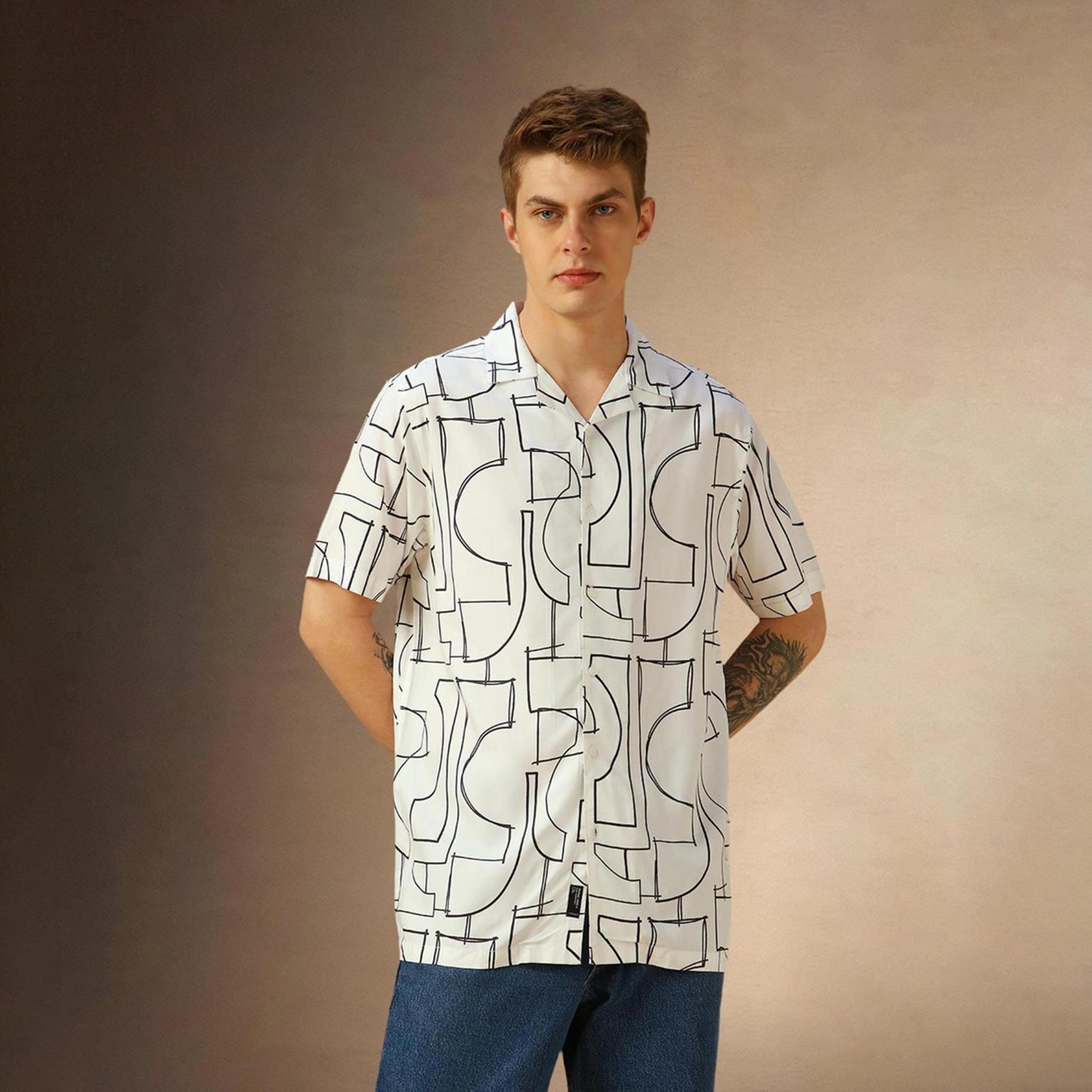 دينيس لينغو× ستايلي-  قميص كاجوال ياقة كوبية مطبوع لون أبيض-men-clothing-shirts-image-1