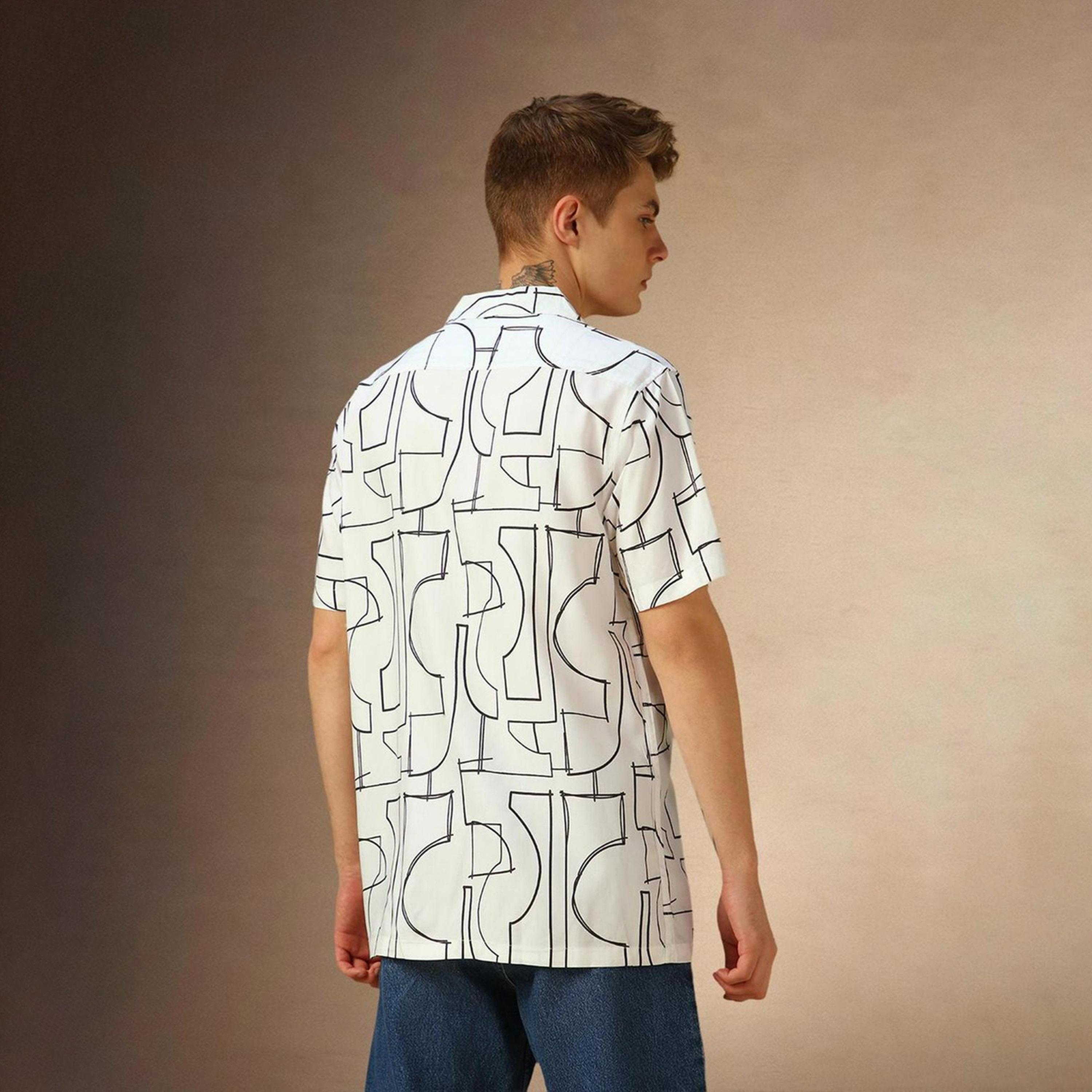 دينيس لينغو× ستايلي-  قميص كاجوال ياقة كوبية مطبوع لون أبيض-men-clothing-shirts-image-2