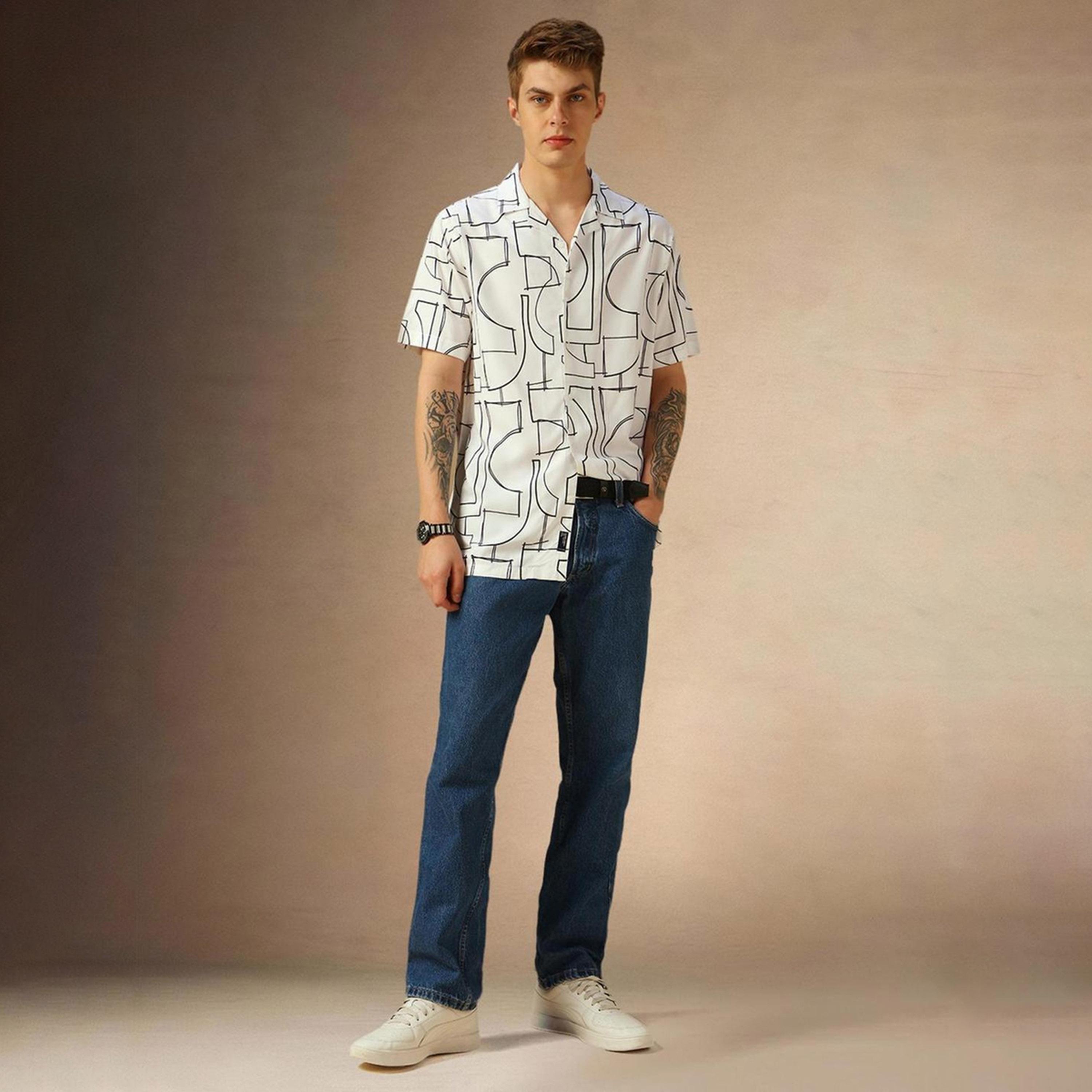دينيس لينغو× ستايلي-  قميص كاجوال ياقة كوبية مطبوع لون أبيض-men-clothing-shirts-image-4