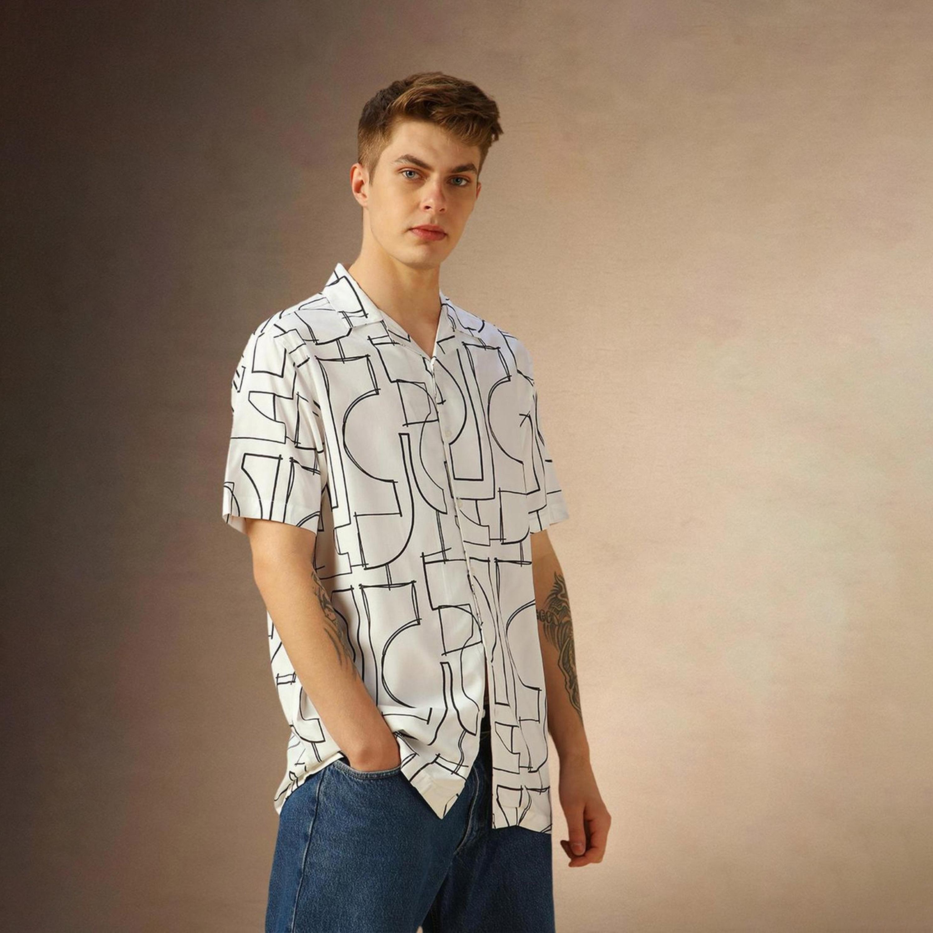 دينيس لينغو× ستايلي-  قميص كاجوال ياقة كوبية مطبوع لون أبيض-men-clothing-shirts-image-6
