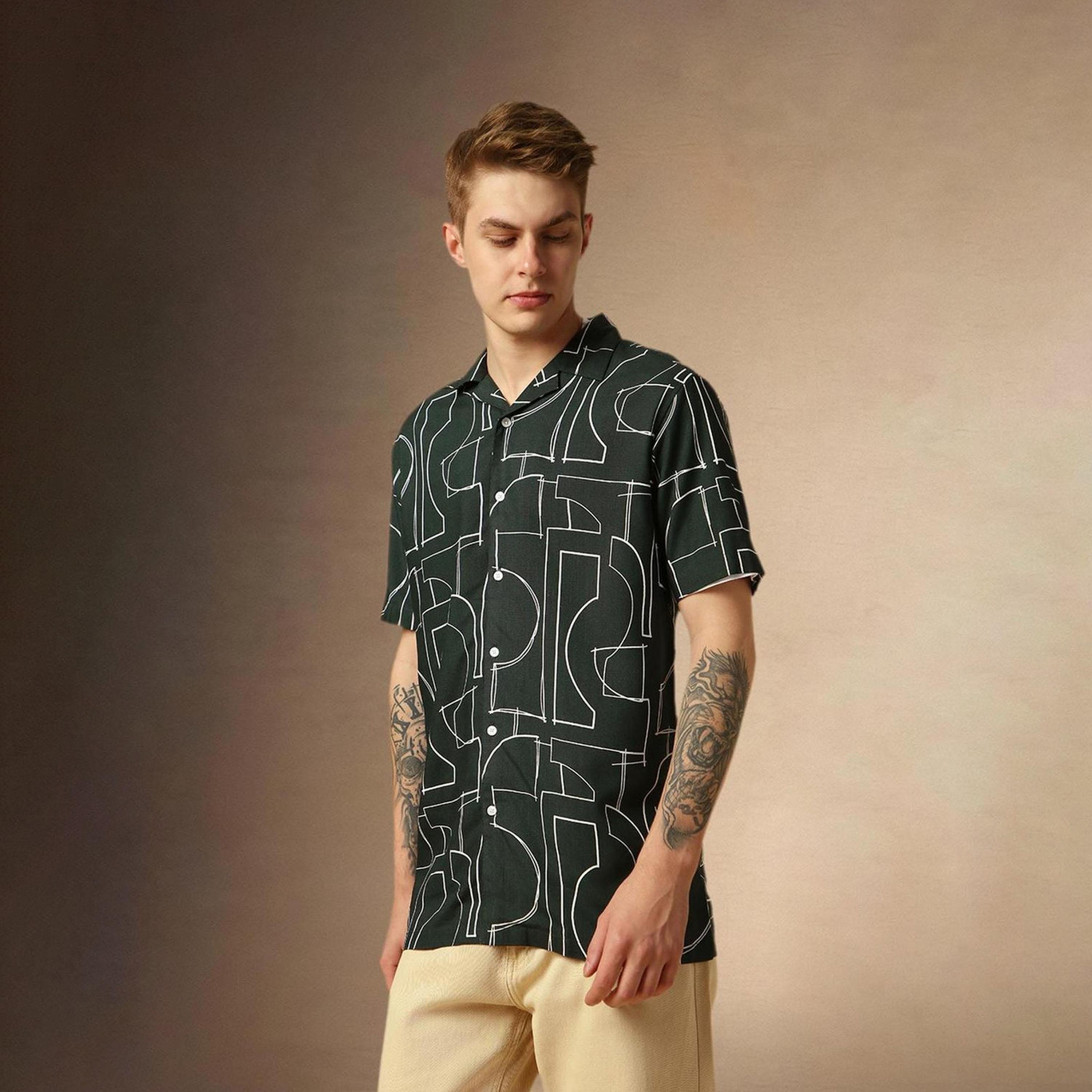Dennis Lingo X Styli Green Relaxed Fit Printed Spread Collar Casual Shirt-men-clothing-shirts-image-1
