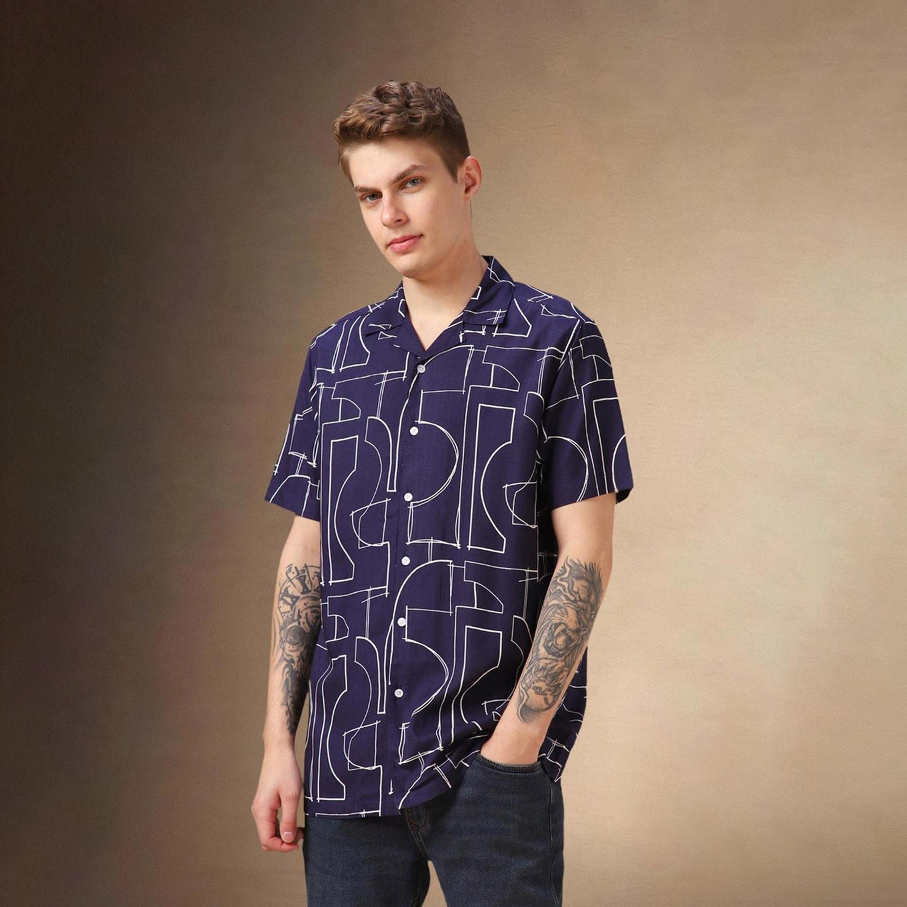 Dennis Lingo X Styli Blue Cuban Collar Abstract Printed Relaxed Fit Casual Shirt-men-clothing-shirts-image-4