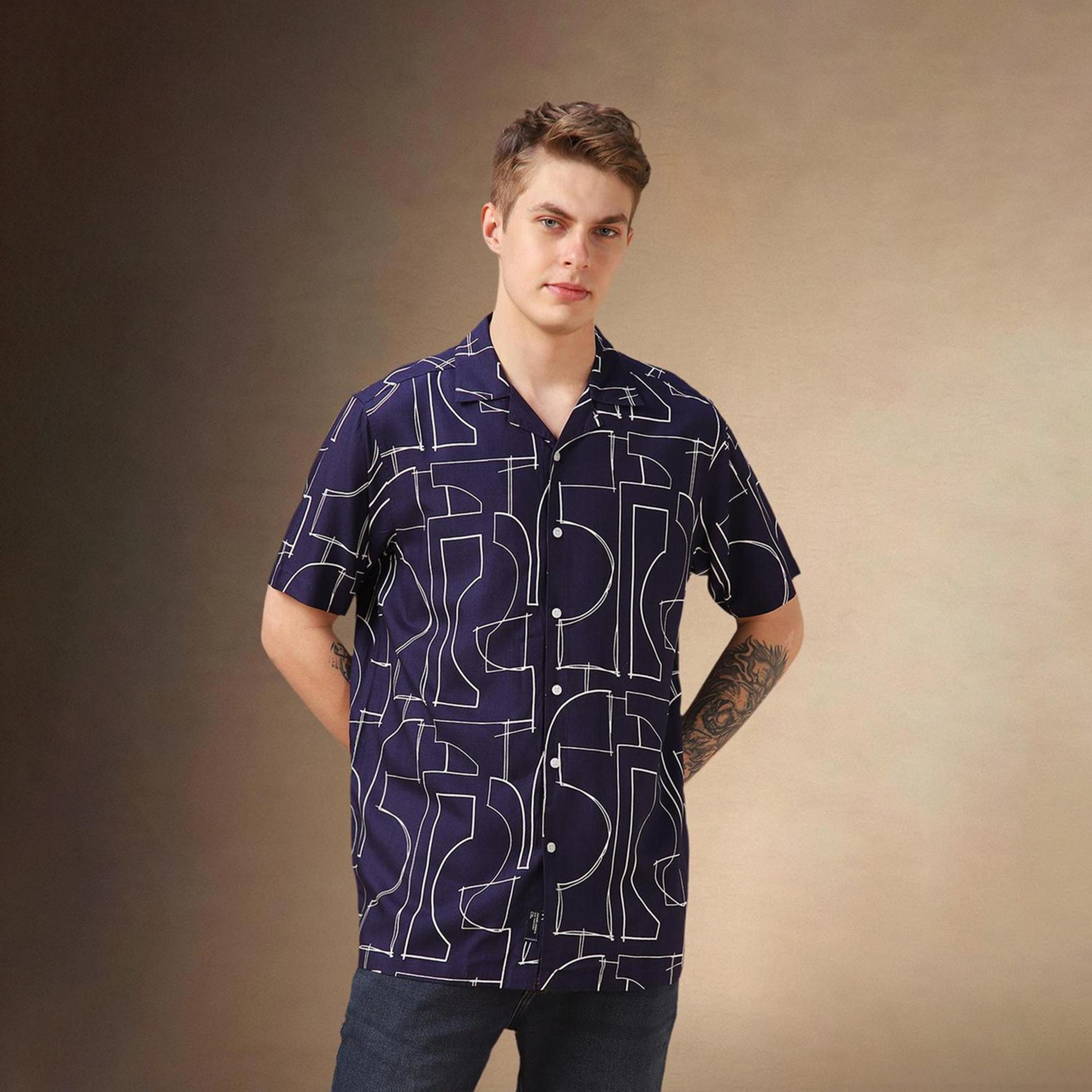 Dennis Lingo X Styli Blue Cuban Collar Abstract Printed Relaxed Fit Casual Shirt-men-clothing-shirts-image-5
