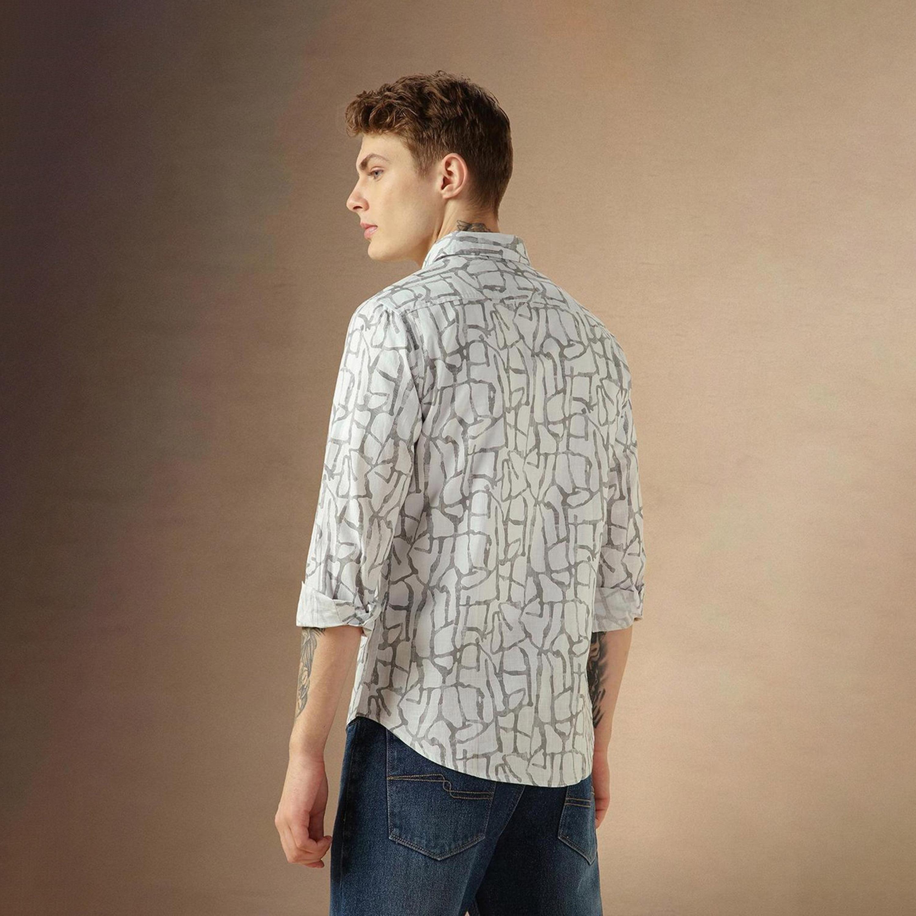 دينيس لينغو× ستايلي-  قميص كاجوال قطن خالص مطبوع بقصة ذكية لون أبيض الفاتح-men-clothing-shirts-image-2
