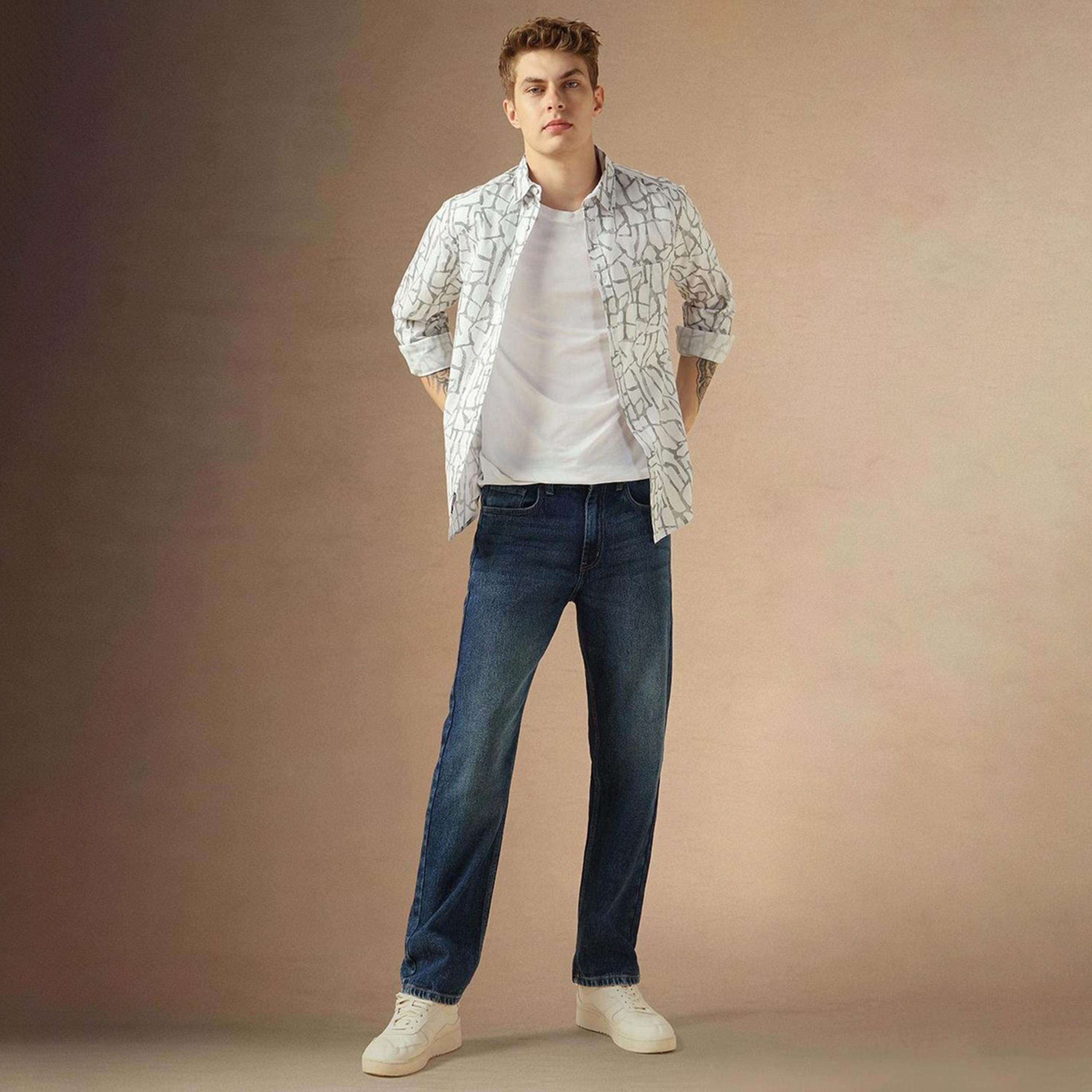 دينيس لينغو× ستايلي-  قميص كاجوال قطن خالص مطبوع بقصة ذكية لون أبيض الفاتح-men-clothing-shirts-image-3