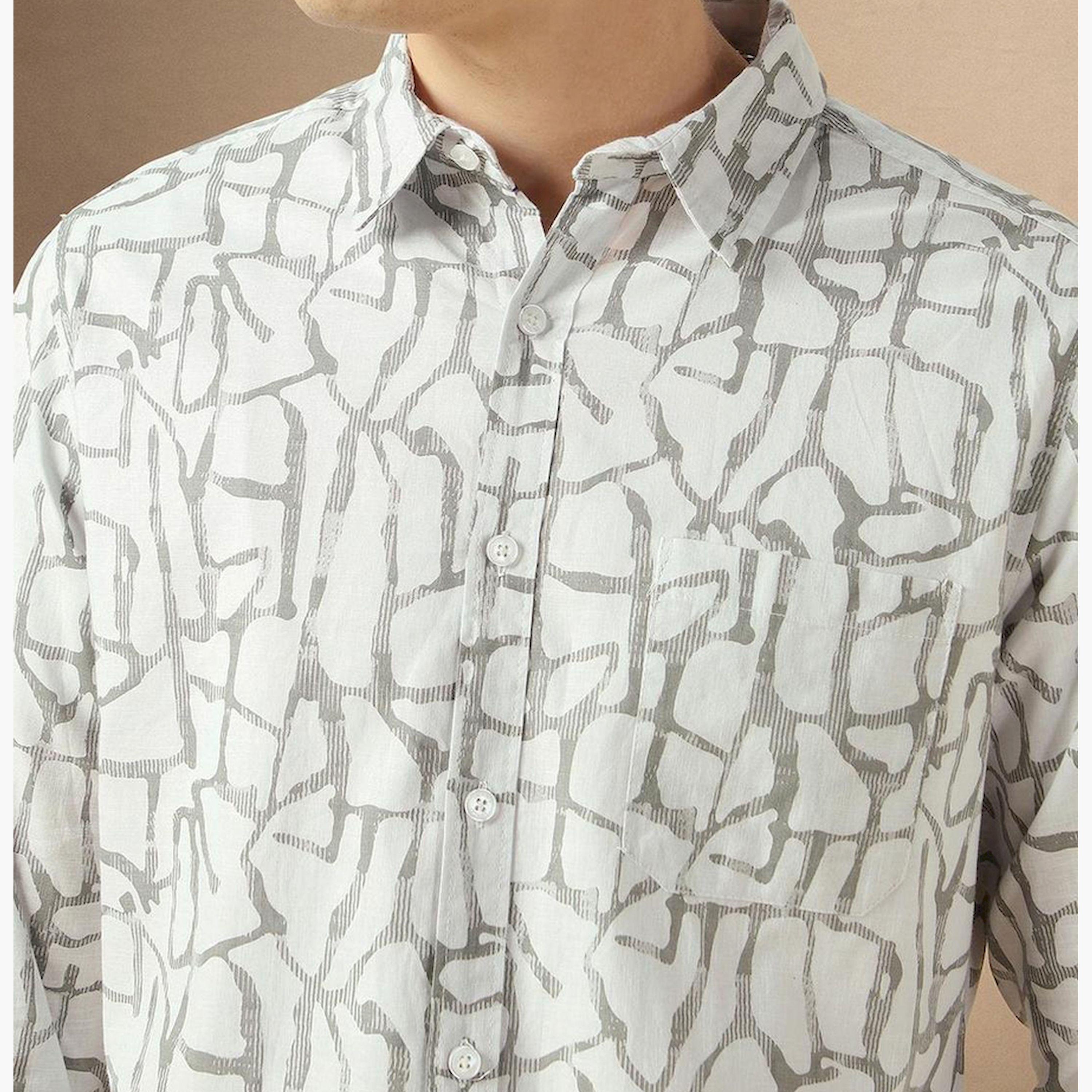دينيس لينغو× ستايلي-  قميص كاجوال قطن خالص مطبوع بقصة ذكية لون أبيض الفاتح-men-clothing-shirts-image-4
