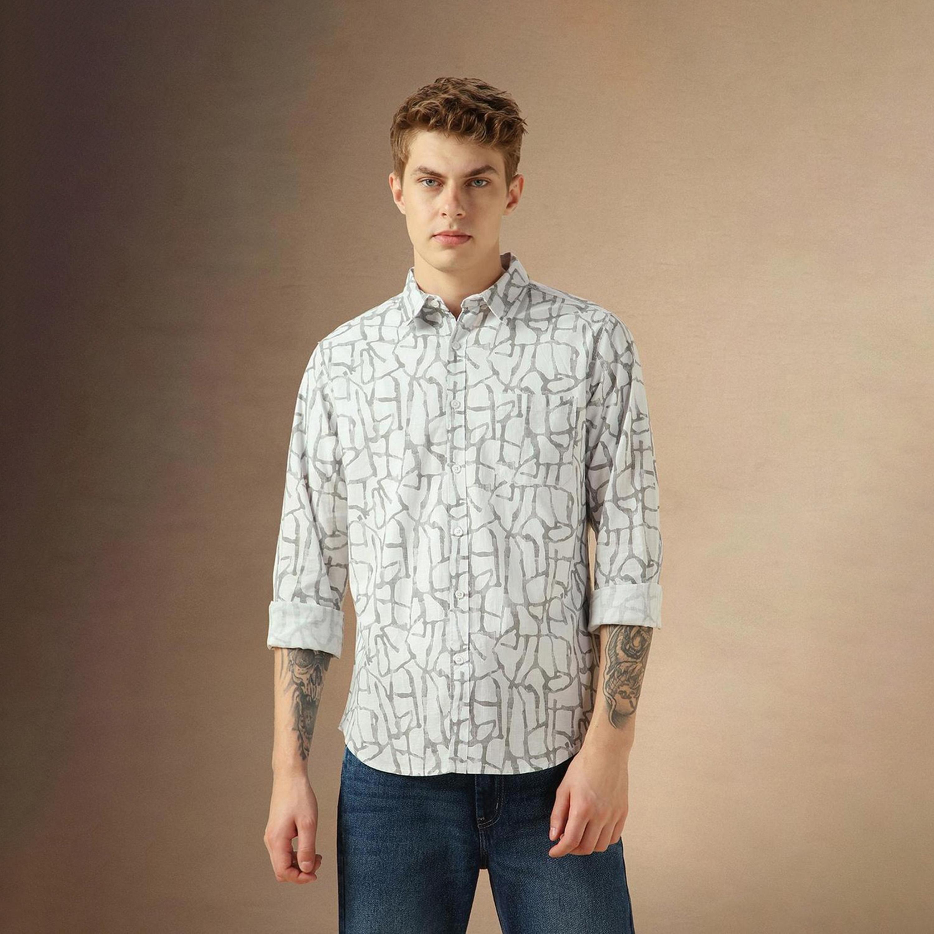 دينيس لينغو× ستايلي-  قميص كاجوال قطن خالص مطبوع بقصة ذكية لون أبيض الفاتح-men-clothing-shirts-image-5