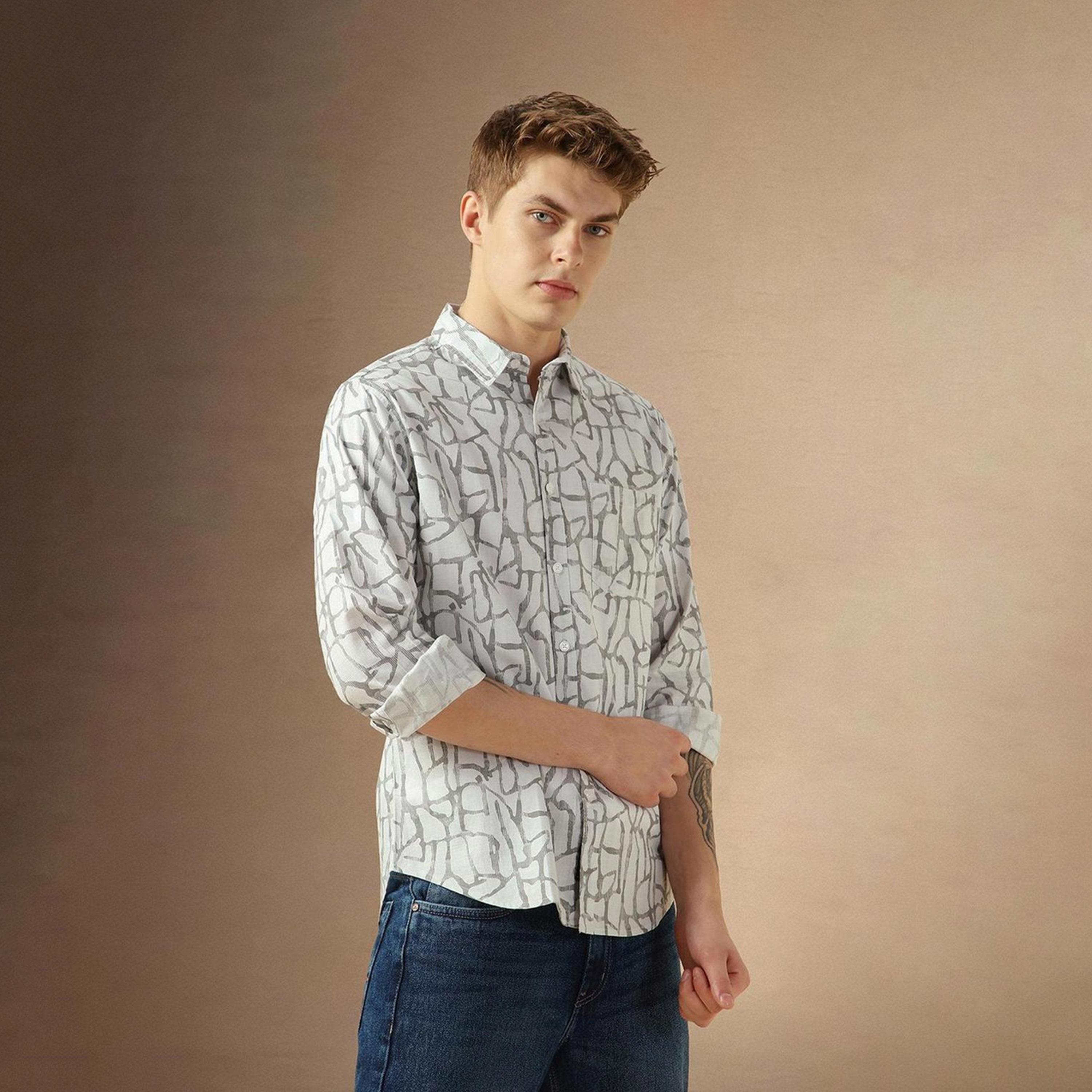 دينيس لينغو× ستايلي-  قميص كاجوال قطن خالص مطبوع بقصة ذكية لون أبيض الفاتح-men-clothing-shirts-image-6