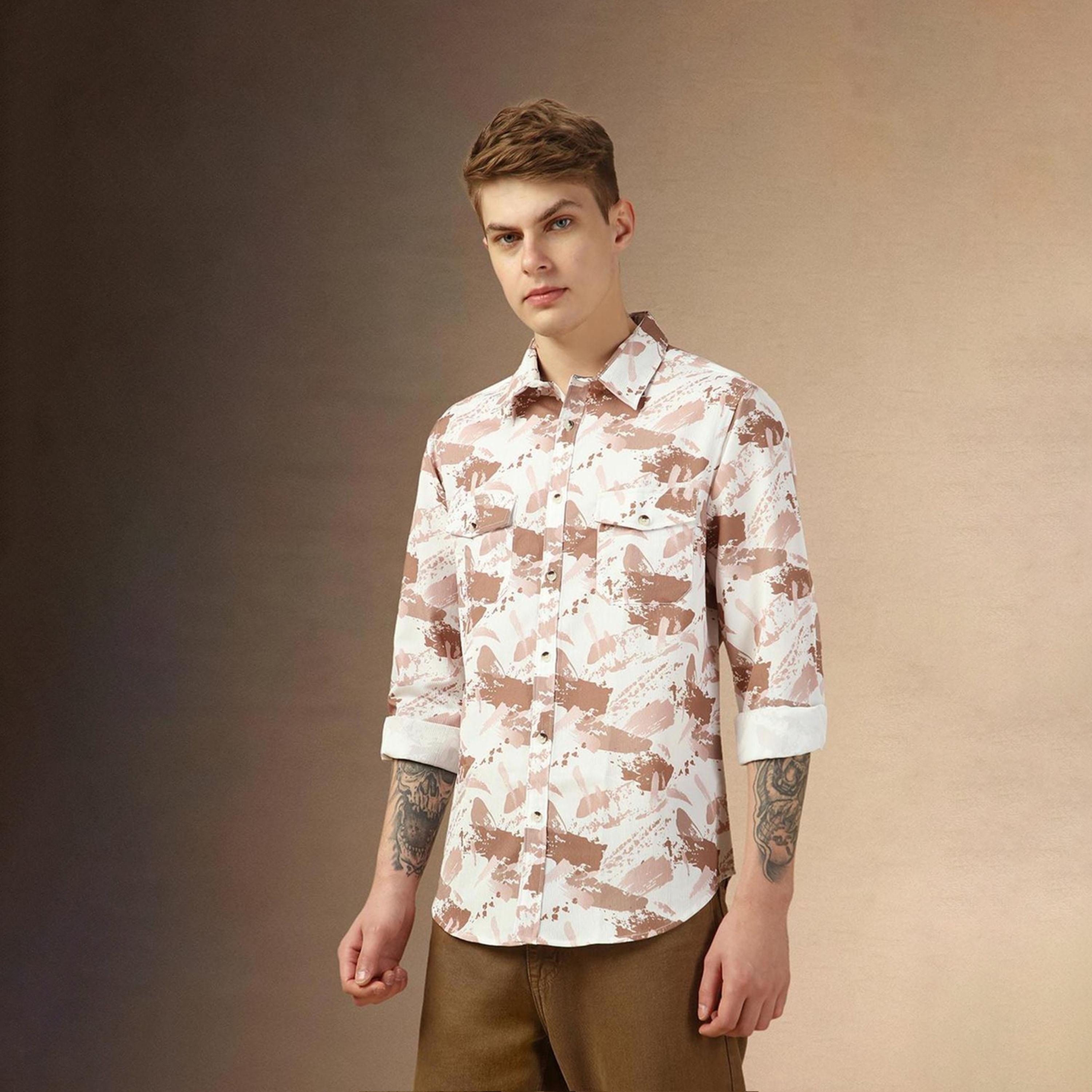دينيس لينغو× ستايلي-  سترة كاجوال قطن خالص ياقة واسعة ومطبوعة باللون البني-men-clothing-shirts-image-1