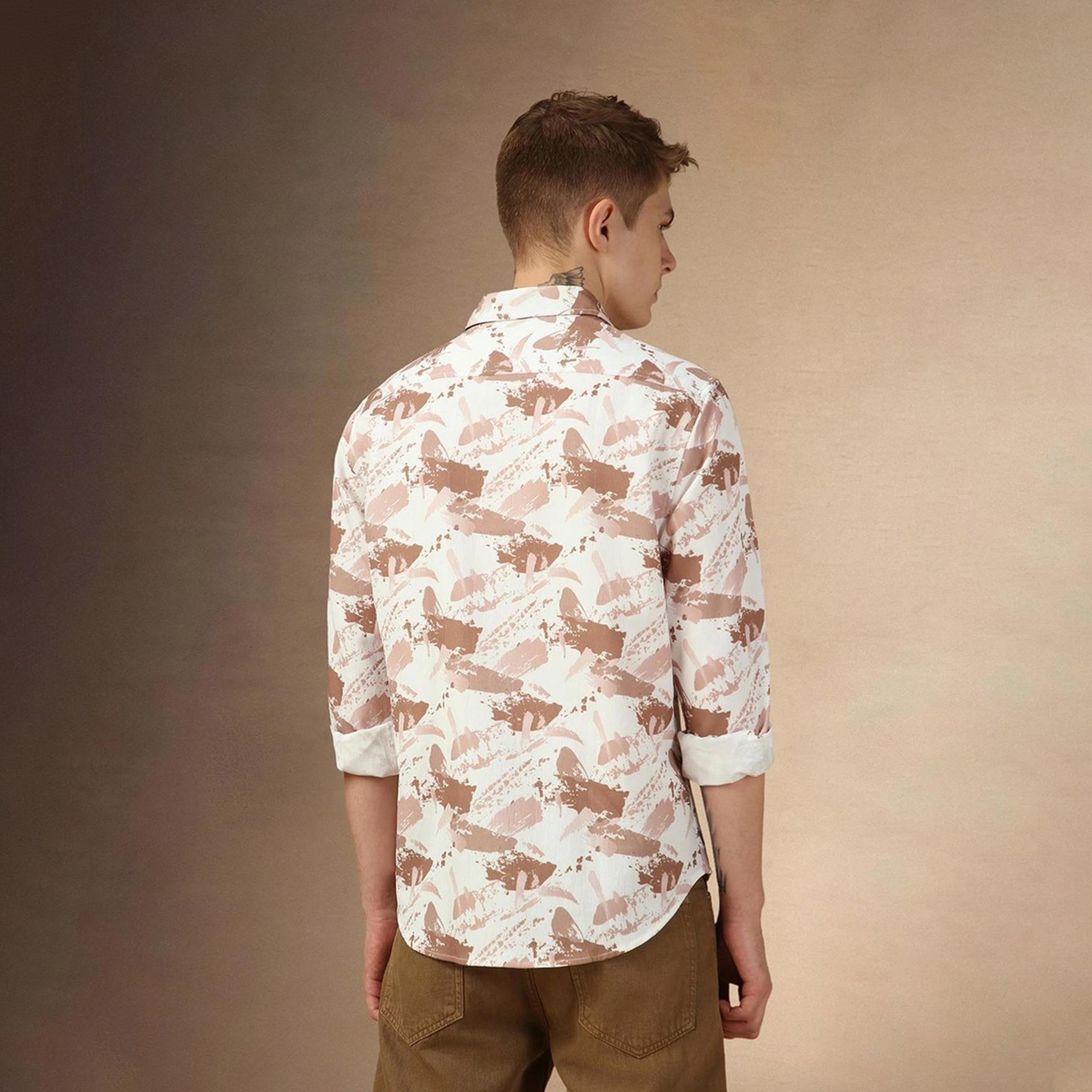 دينيس لينغو× ستايلي-  سترة كاجوال قطن خالص ياقة واسعة ومطبوعة باللون البني-men-clothing-shirts-image-2