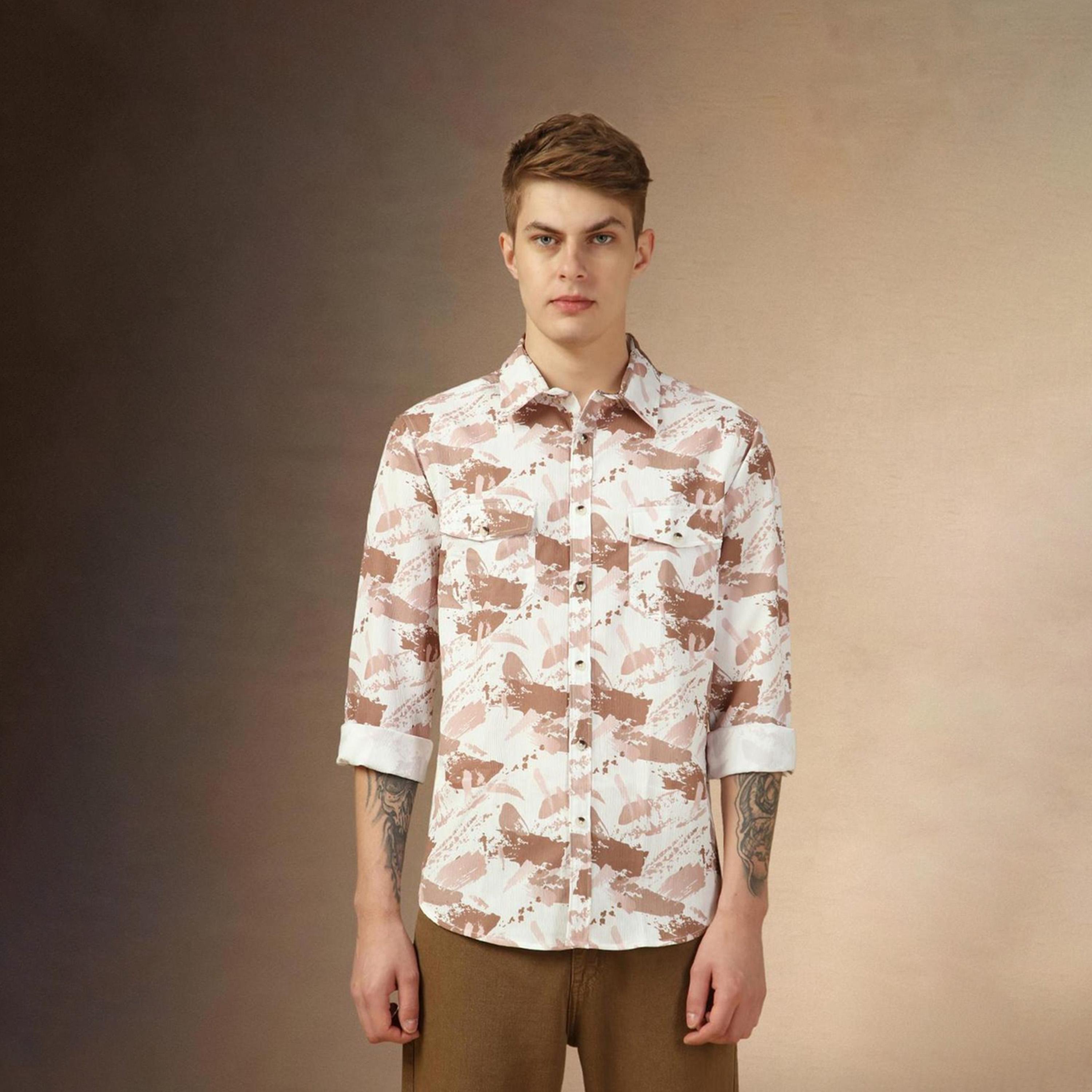 دينيس لينغو× ستايلي-  سترة كاجوال قطن خالص ياقة واسعة ومطبوعة باللون البني-men-clothing-shirts-image-3