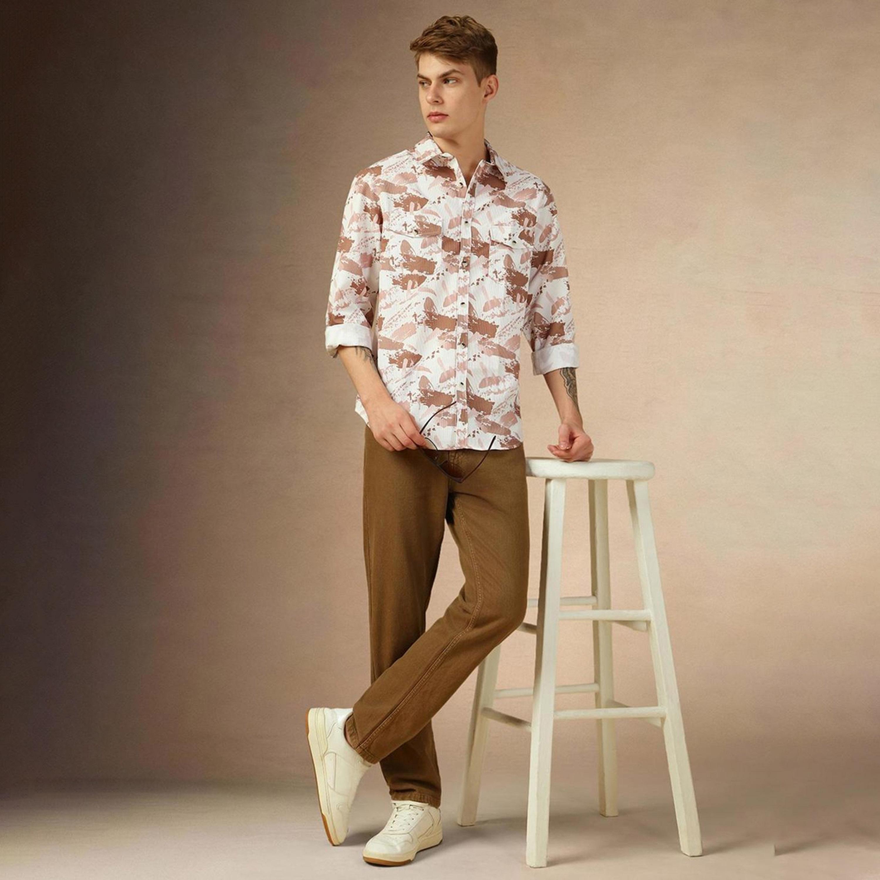 دينيس لينغو× ستايلي-  سترة كاجوال قطن خالص ياقة واسعة ومطبوعة باللون البني-men-clothing-shirts-image-4