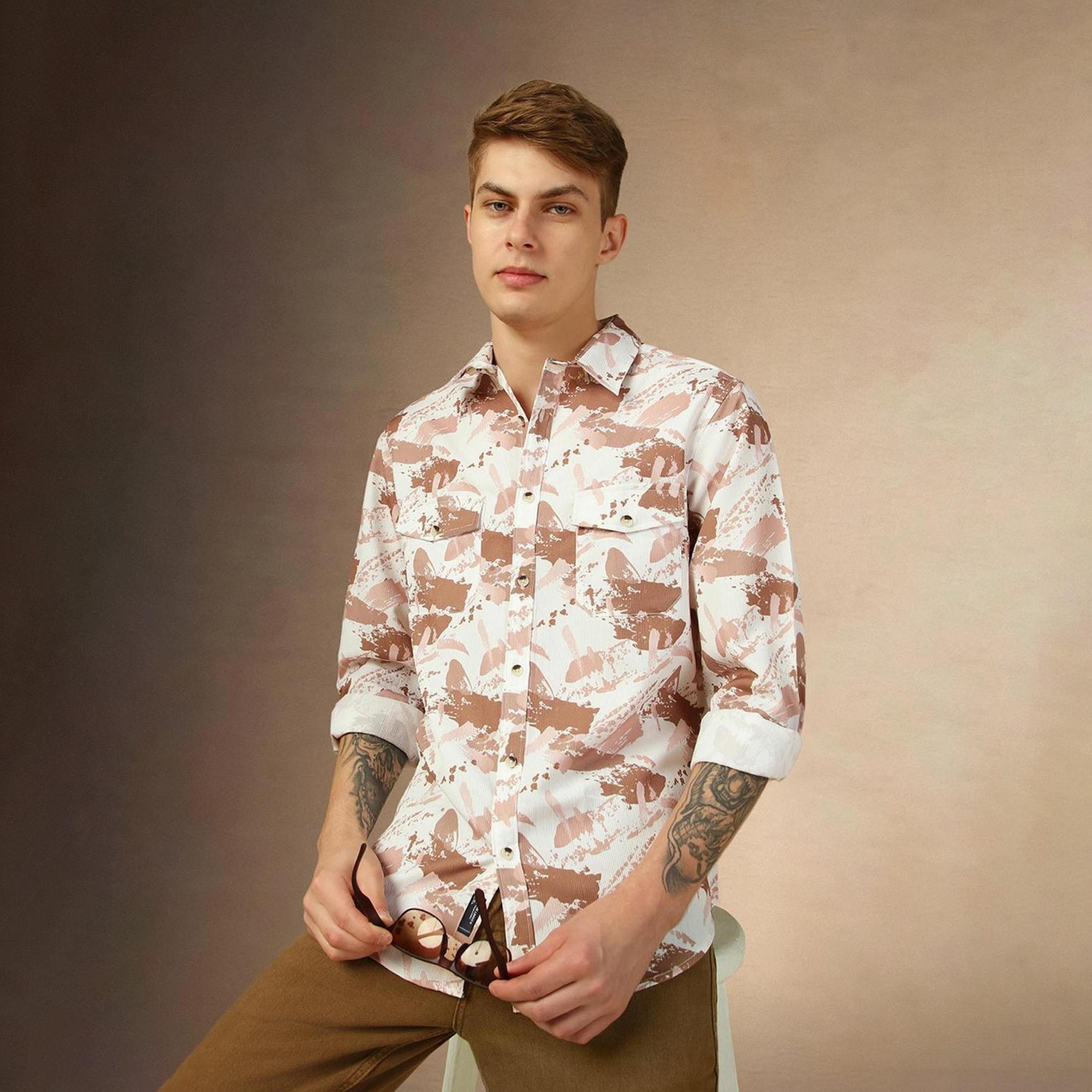 دينيس لينغو× ستايلي-  سترة كاجوال قطن خالص ياقة واسعة ومطبوعة باللون البني-men-clothing-shirts-image-6