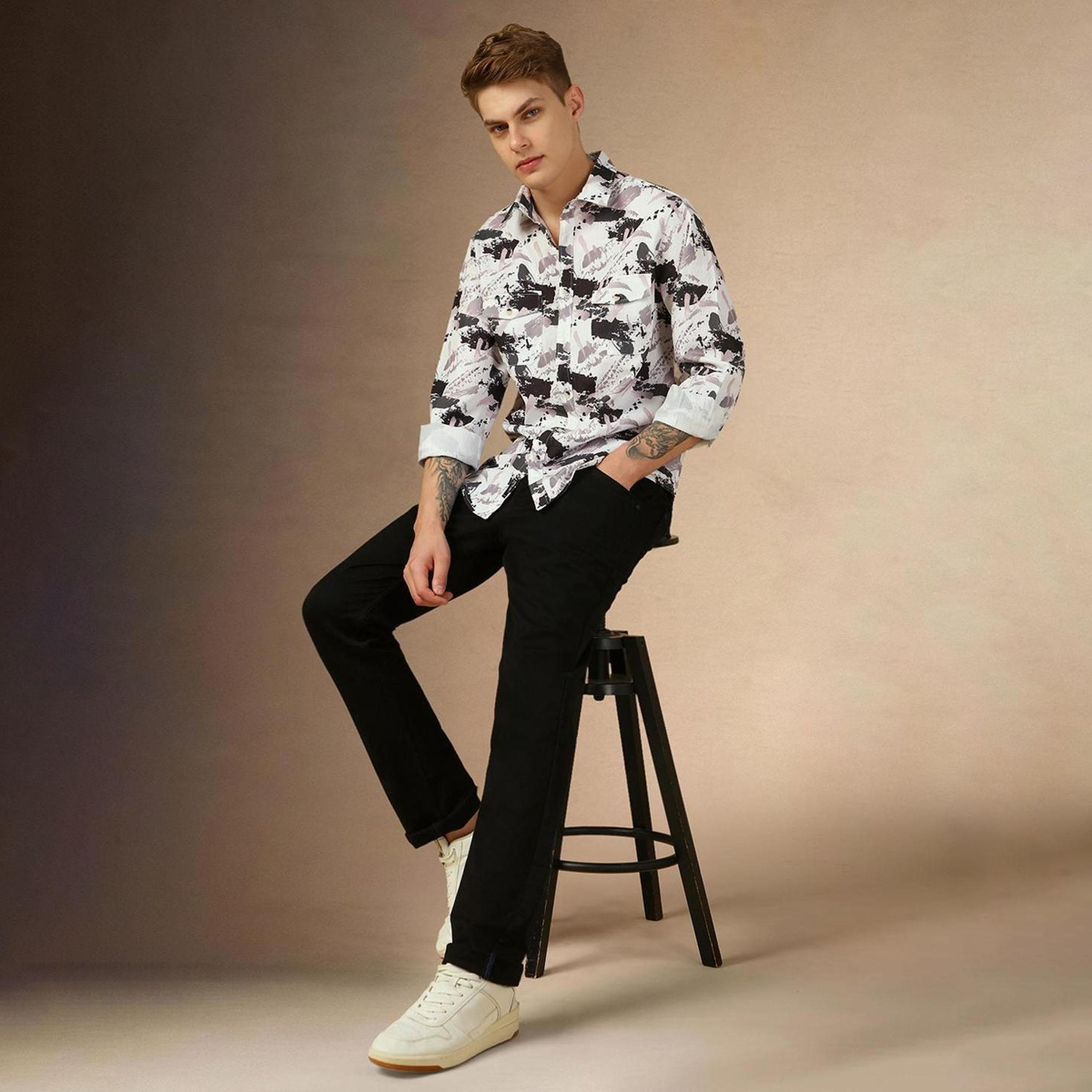 دينيس لينغو× ستايلي-  سترة غير رسمية قطن خالص ياقة واسعة ومطبوعة-men-clothing-shirts-image-1
